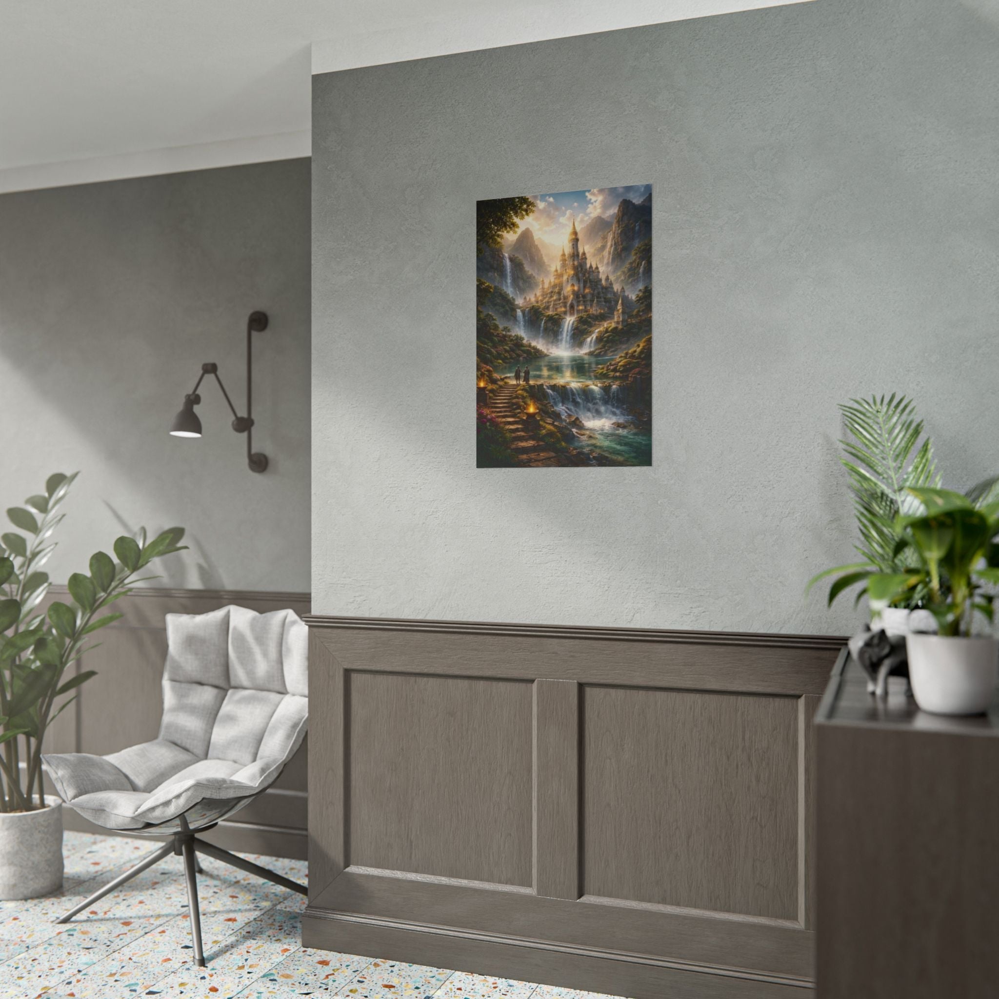 Fantasy Castle Rolled Poster — Enchanted Waterfall Landscape Wall Art