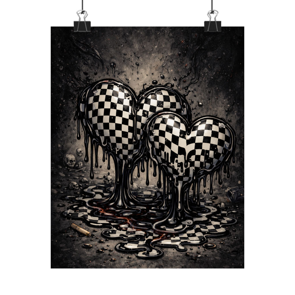 Checkerboard Dripping Hearts Poster - Gothic Black & White Matte Print