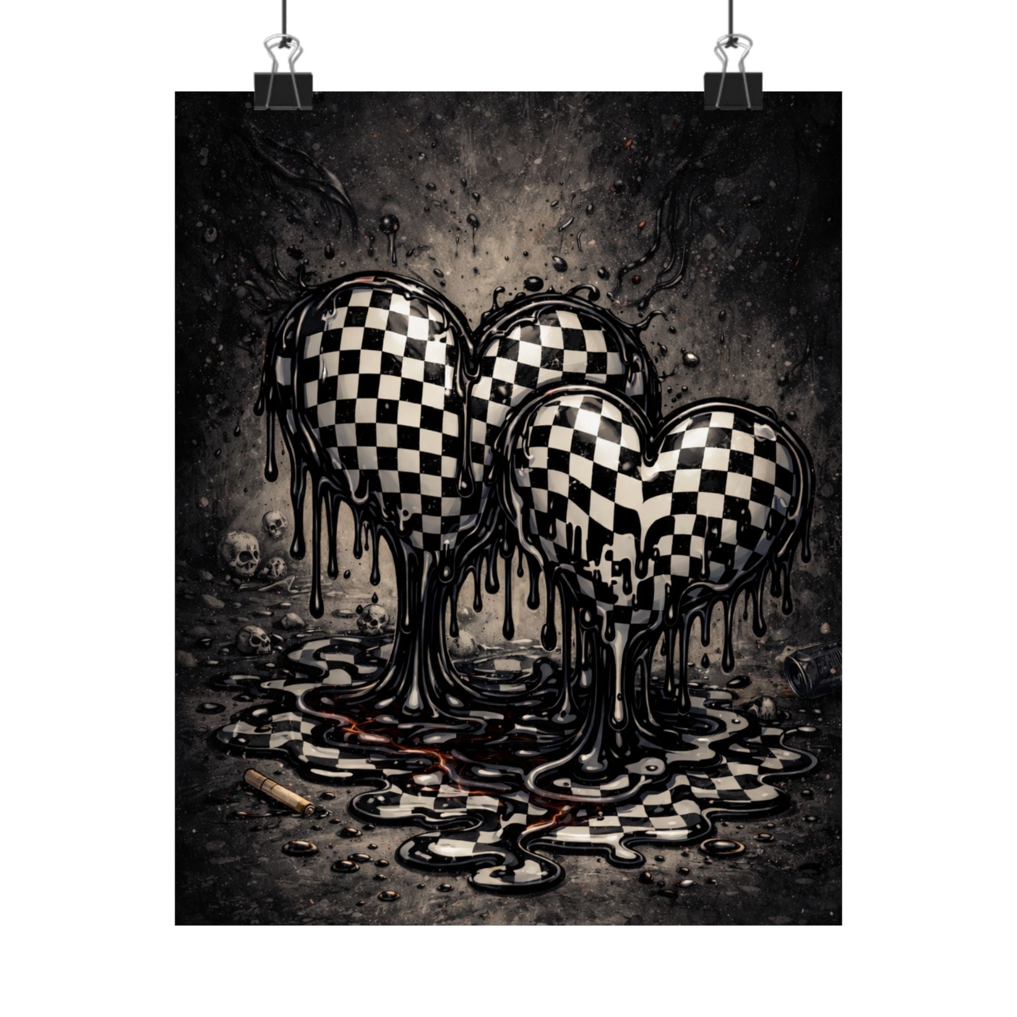 Checkerboard Dripping Hearts Poster - Gothic Black & White Matte Print