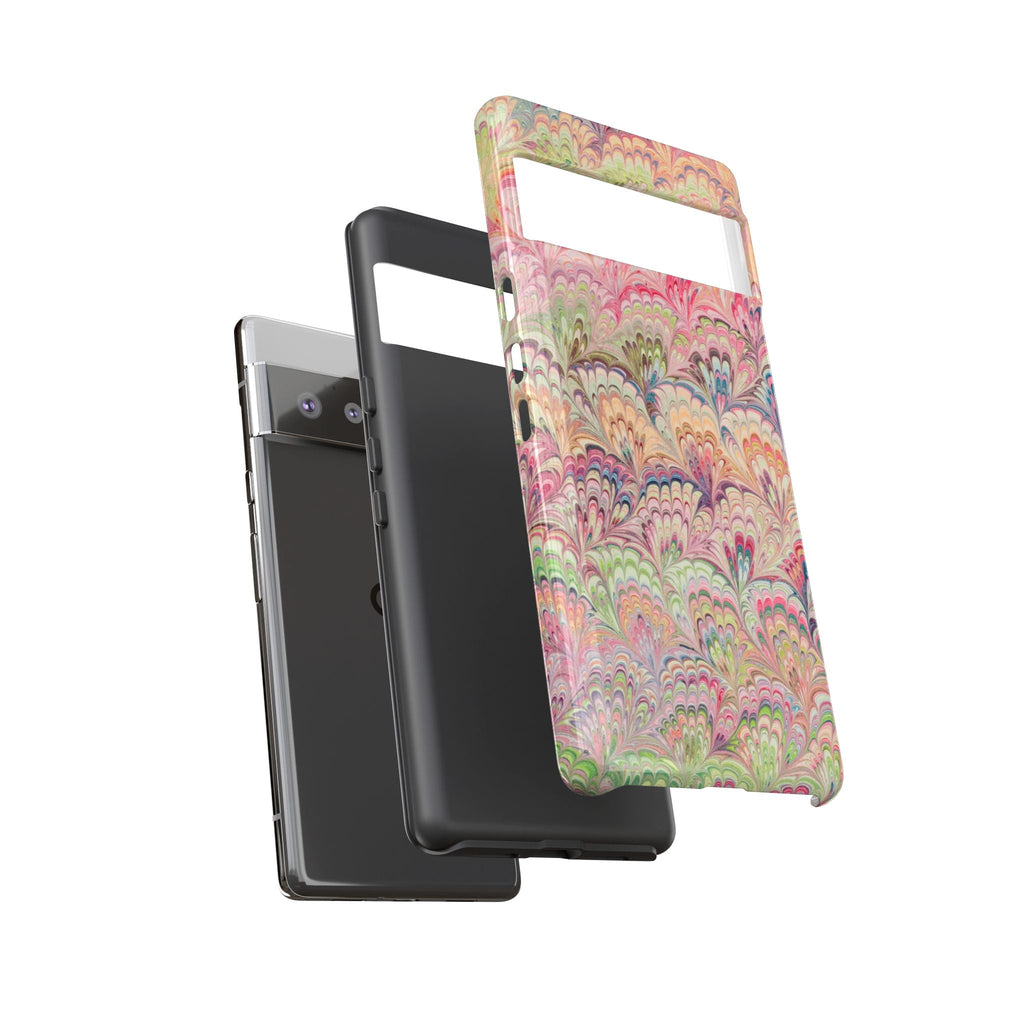Pastel Pink + Green Feather Marbled Phone Case - Dual Layer Phone Cover