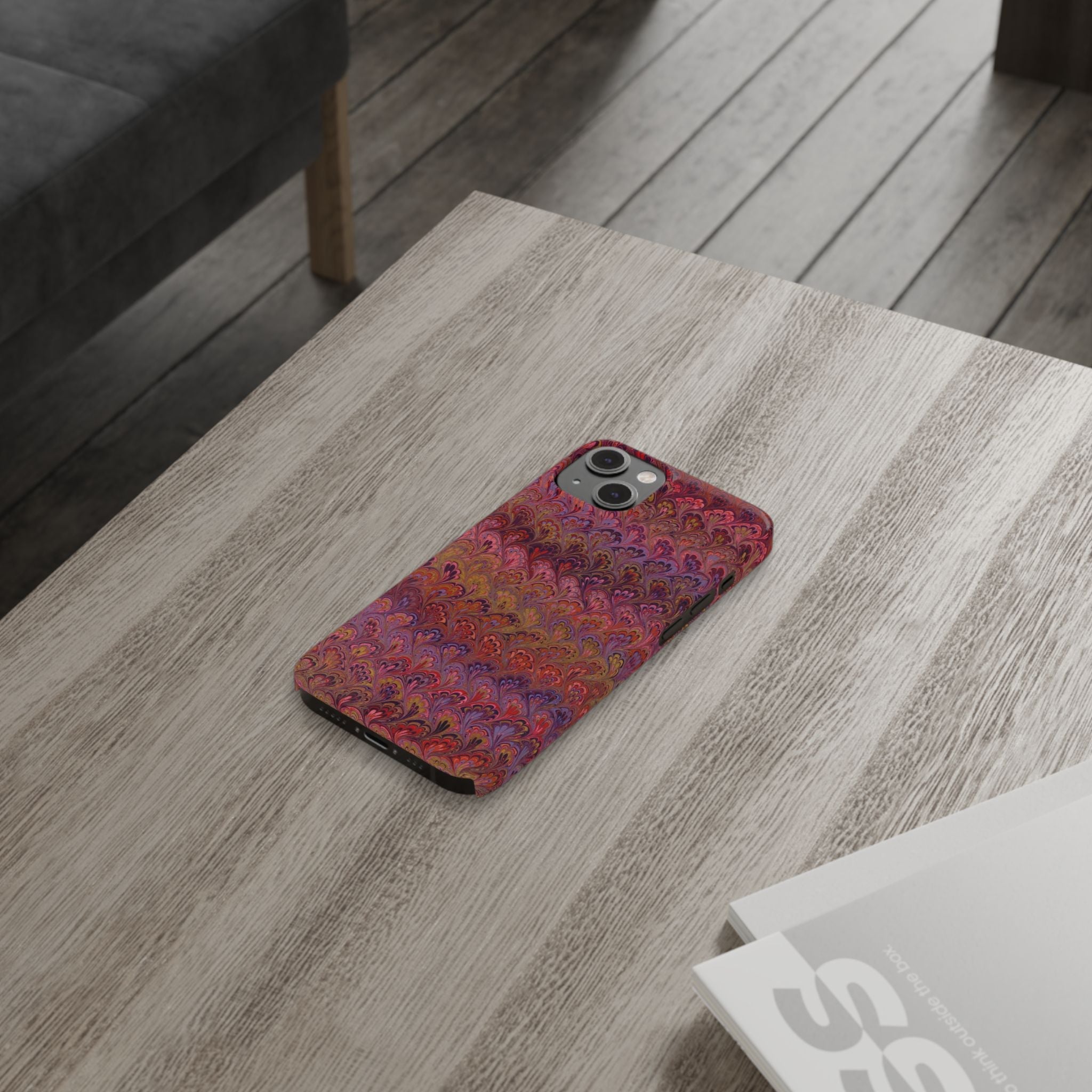 Reds, Lavenders, Marbled VIntage Design, Italian Feather Phone Case, Slim Phone Cases, IPHONE16 and all sizes