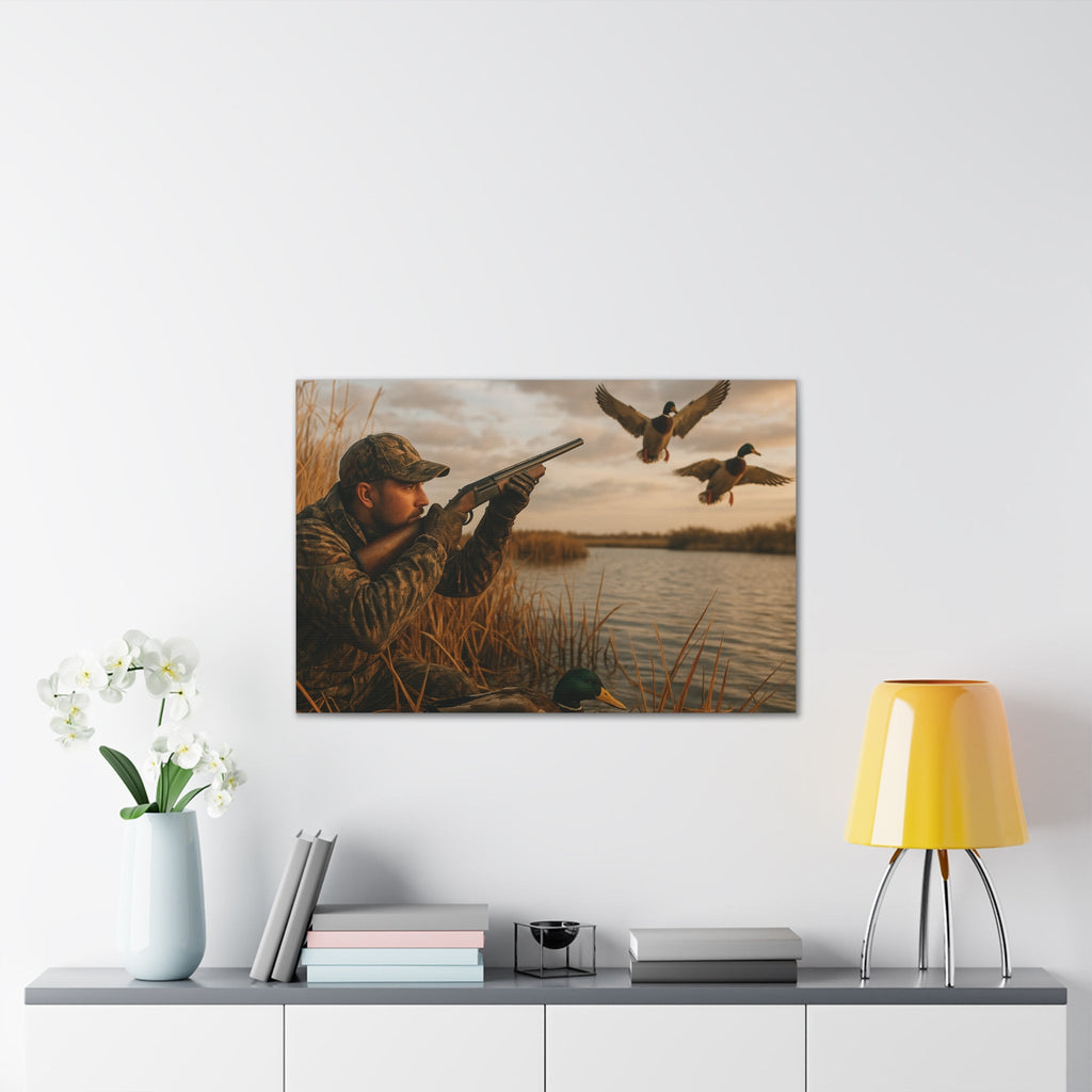 Duck Hunting Canvas Print — Waterfowl Blind Scene Stretched Wall Art