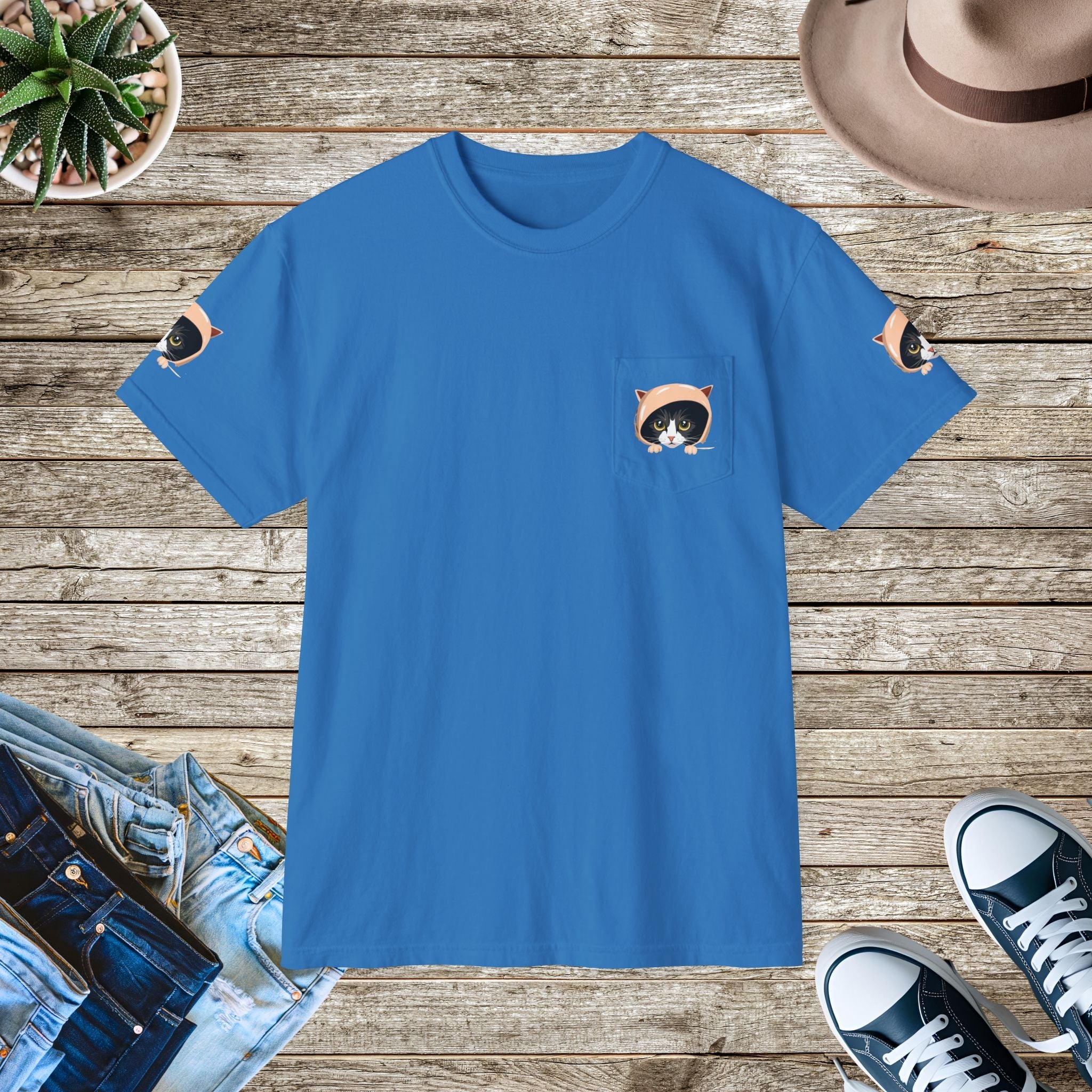 Cotton Comfort Pocket Tee - Cute Cat Design - DipaliZ