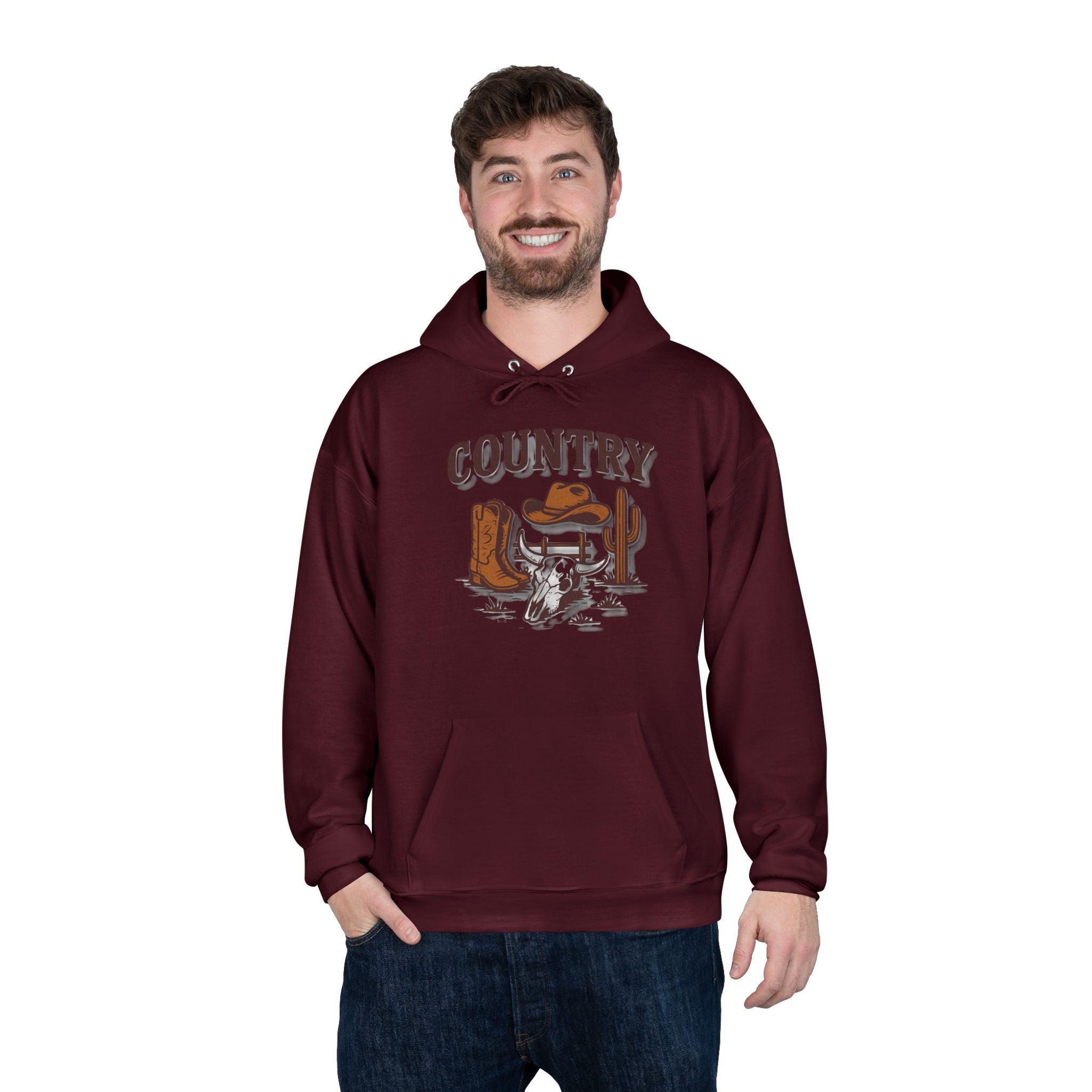 Country Western Hoodie — Cowboy Boots, Hat & Cactus Pullover