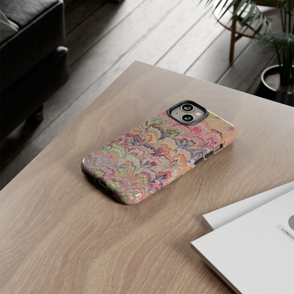 Pastel Pink + Green Feather Marbled Phone Case - Dual Layer Phone Cover