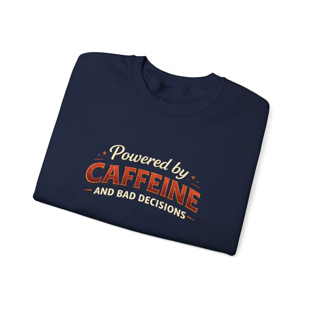 Caffeine Lover Sweatshirt – "Powered by Caffeine and Bad Decisions" Cozy Crewneck
