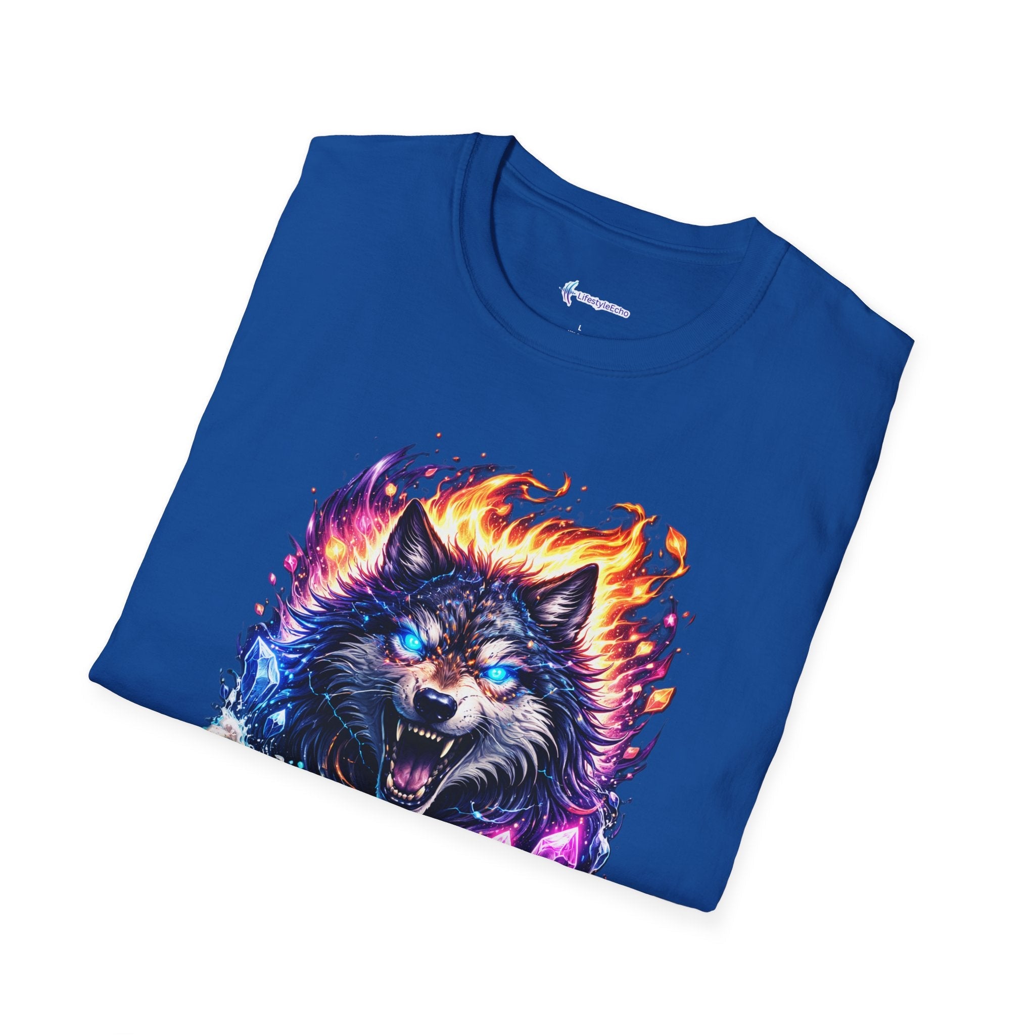 Cosmic Fire Wolf T-Shirt — Vibrant Mystic Wolf Graphic Tee