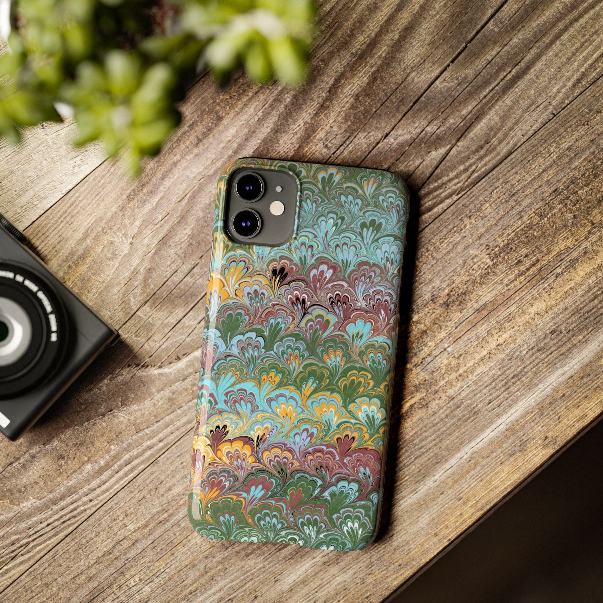 Phone Case with Design from Italy - Marbled "Peacock" Design, Green, Blue, Multi-Color Slim Phone Cases