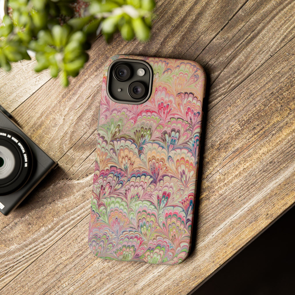 Pastel Pink + Green Feather Marbled Phone Case - Dual Layer Phone Cover