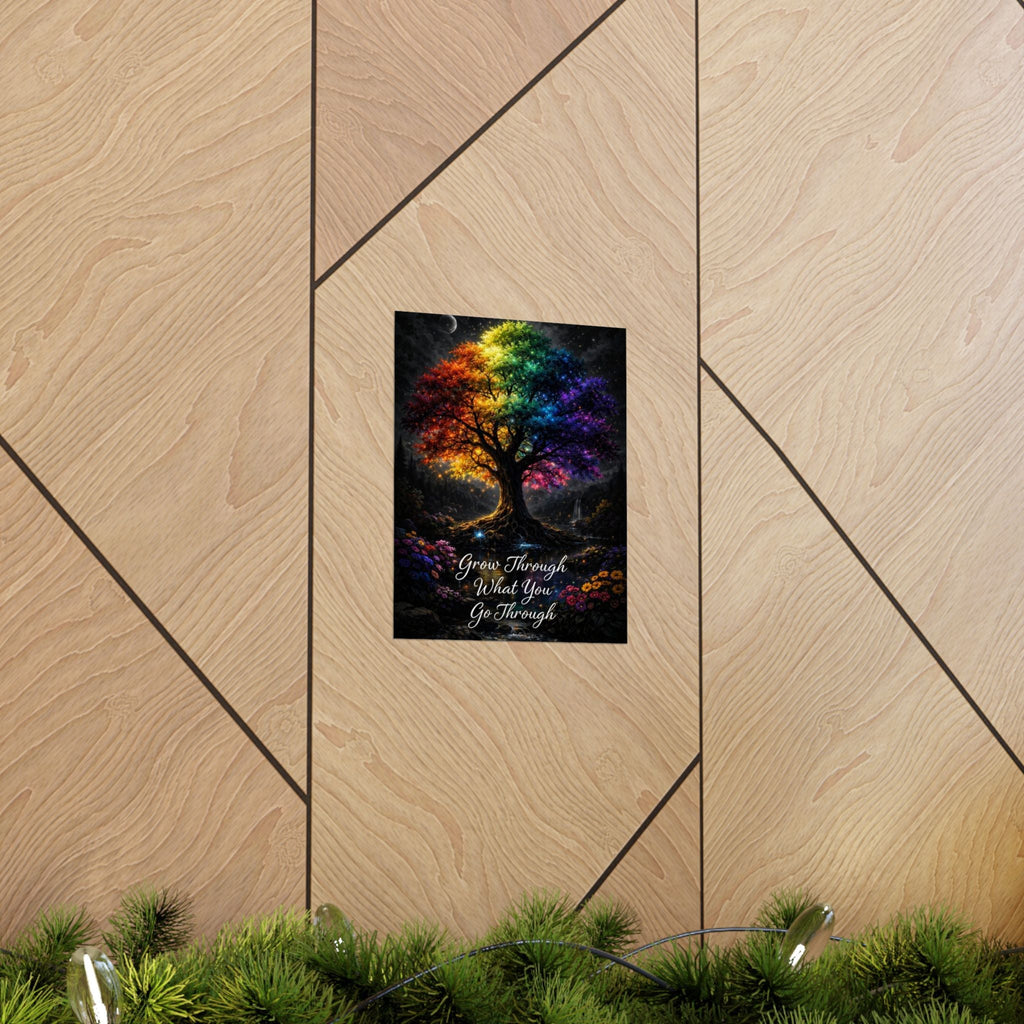 Inspirational Rainbow Tree Poster — "Grow Through What You Go Through" Matte Vertical Print