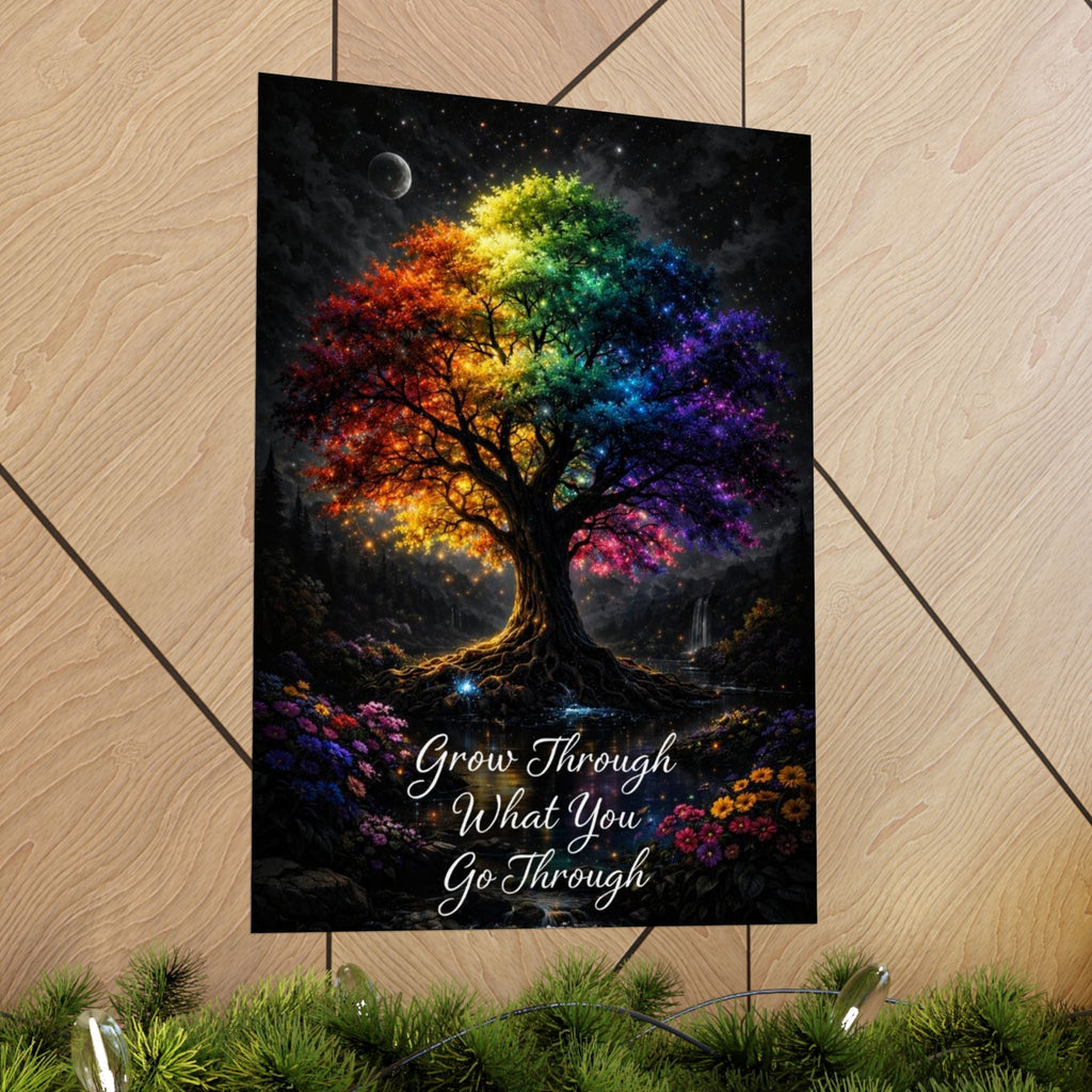 Inspirational Rainbow Tree Poster — "Grow Through What You Go Through" Matte Vertical Print