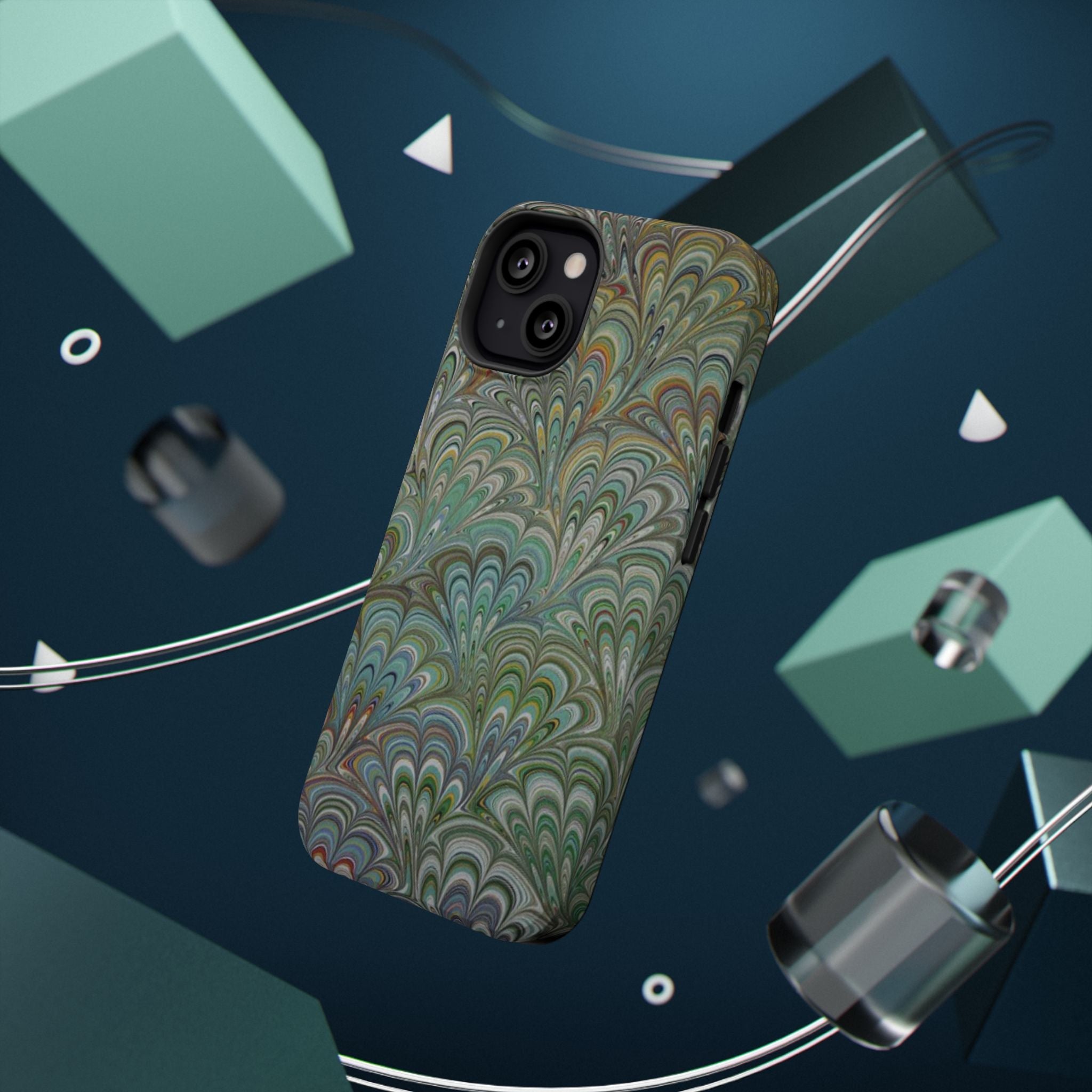 iPhone17 + All Models Phone Cases, Italian Peacock Feather Design, Stylish Impact-Resistant Shell, Protective Cover, Green Peacock Print
