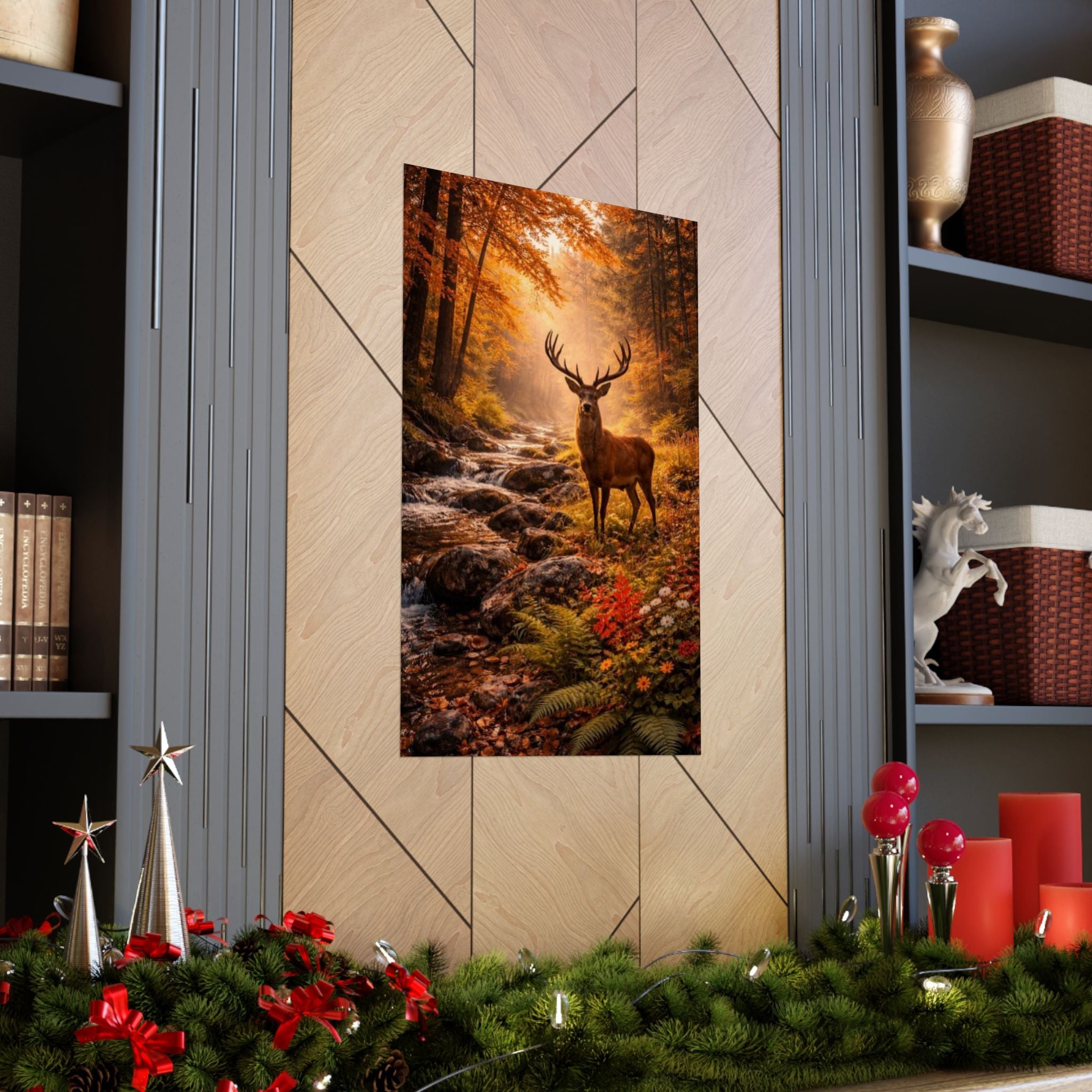 Deer in Autumn Forest Matte Vertical Poster — Rustic Woodland Wall Art