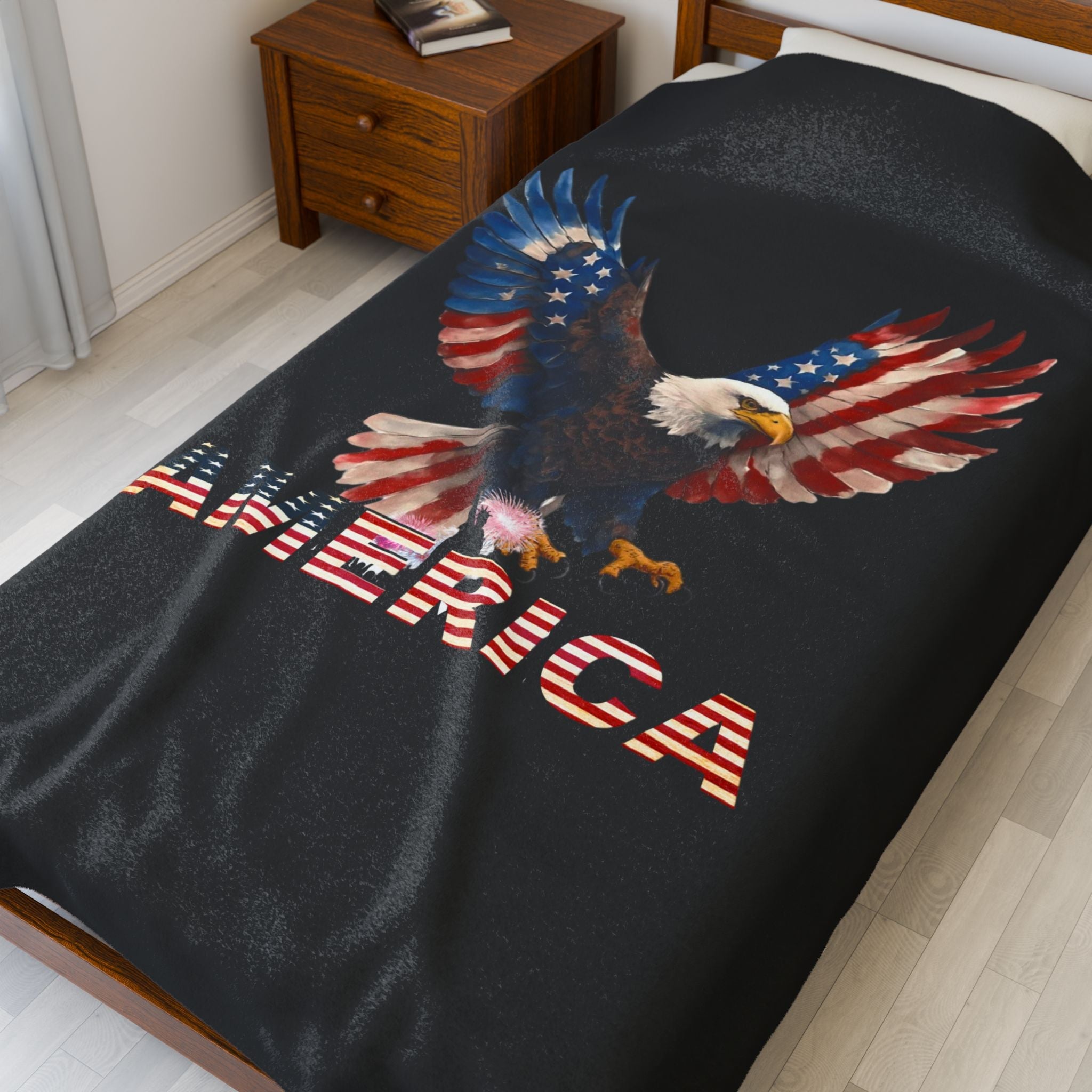 American Flag Eagle Velveteen Plush Blanket — Patriotic USA Throw for 4th of July & Veterans