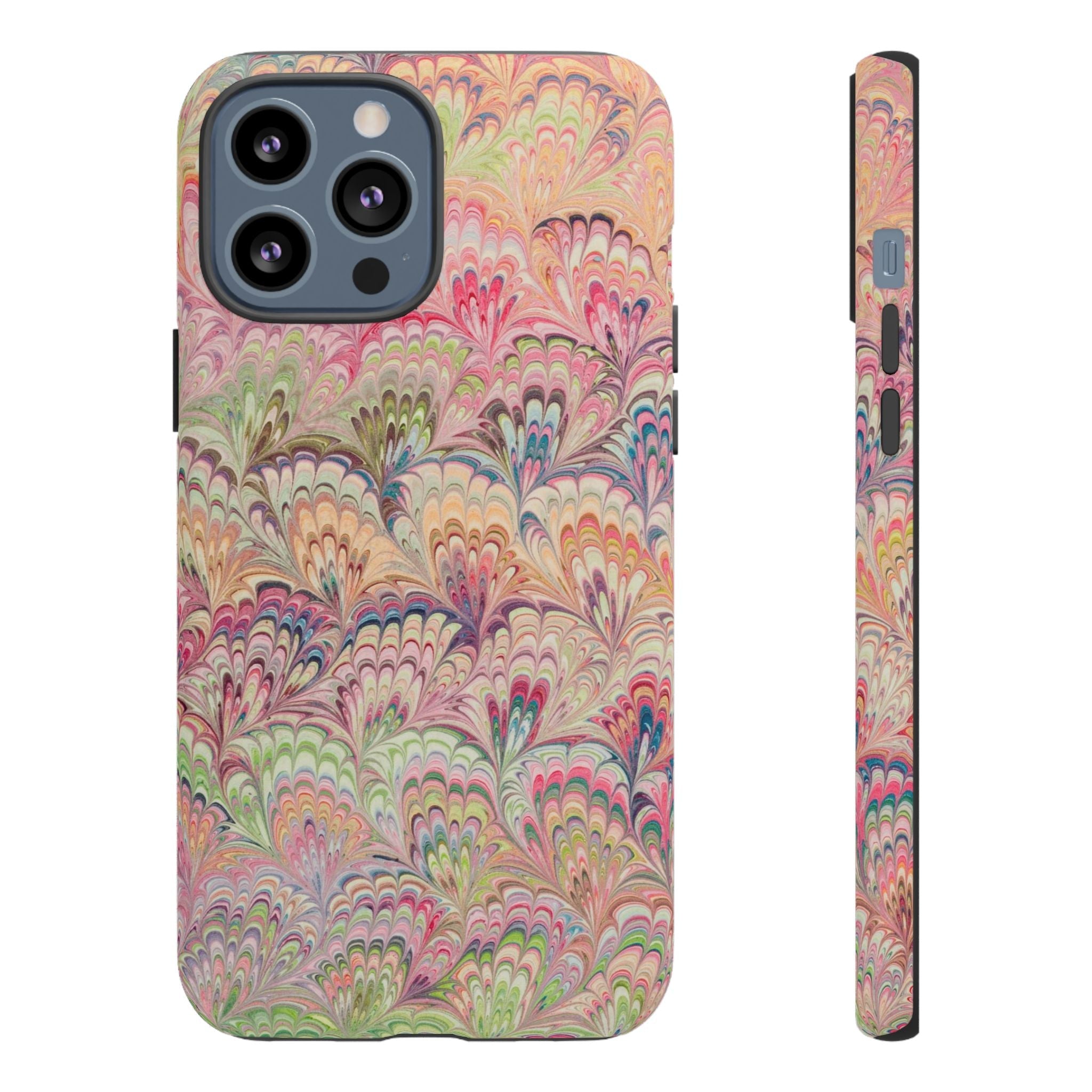 Pastel Pink + Green Feather Marbled Phone Case - Dual Layer Phone Cover