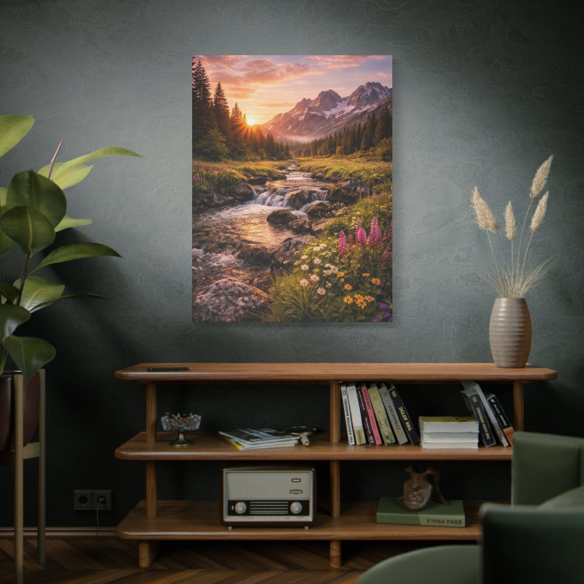 Mountain Sunrise Canvas Print — River Valley Landscape Matte Stretched Wall Art