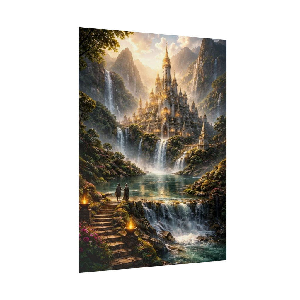 Fantasy Castle Rolled Poster — Enchanted Waterfall Landscape Wall Art