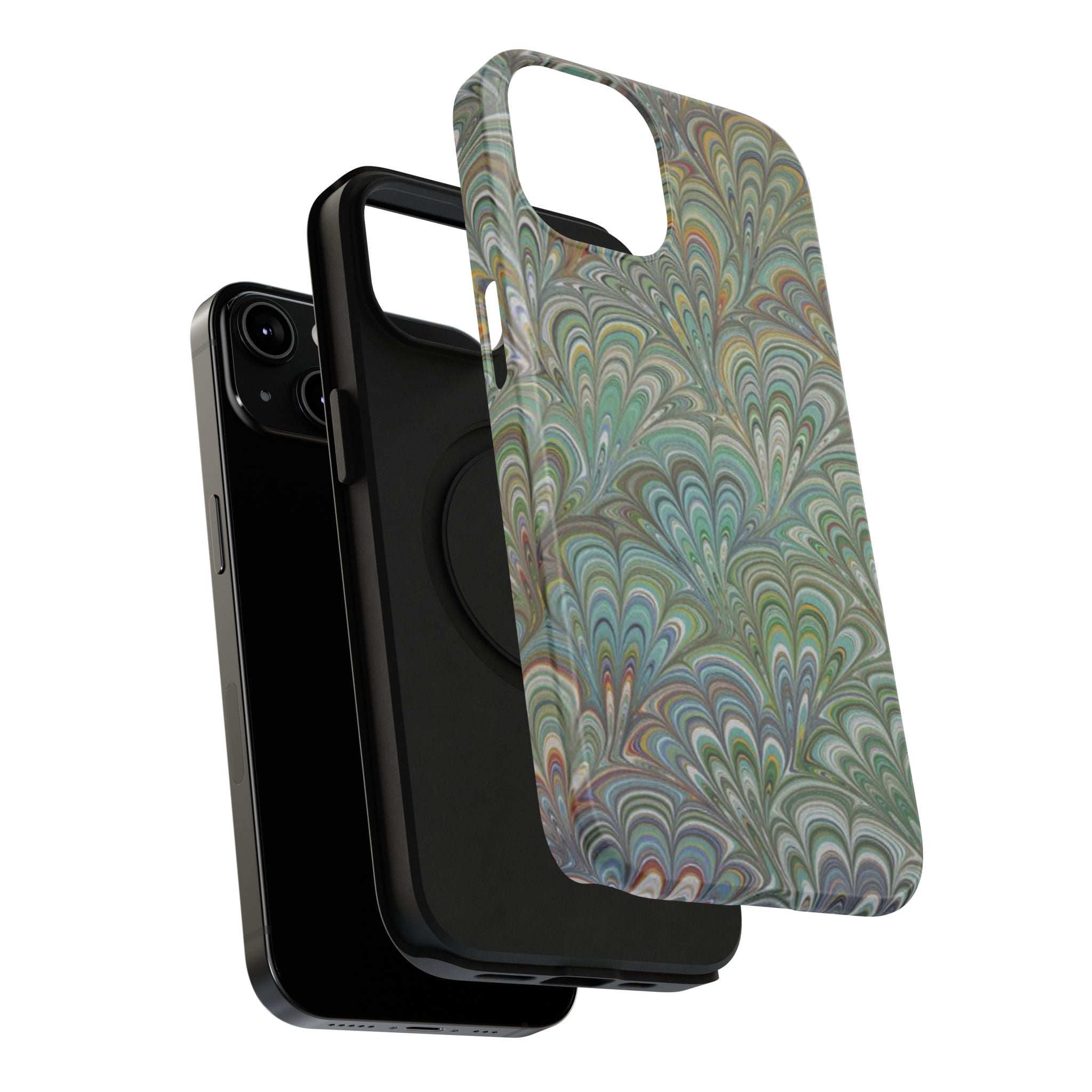 iPhone17 + All Models Phone Cases, Italian Peacock Feather Design, Stylish Impact-Resistant Shell, Protective Cover, Green Peacock Print