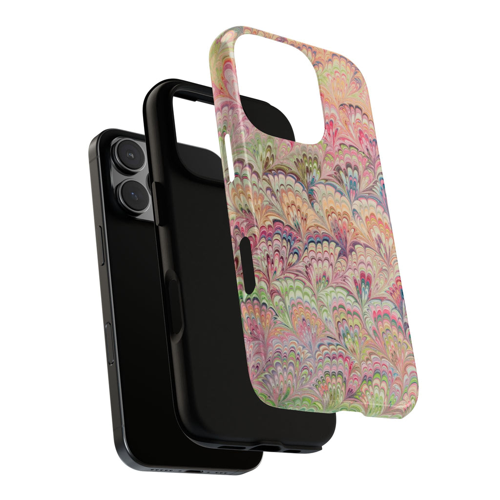 Pastel Pink + Green Feather Marbled Phone Case - Dual Layer Phone Cover