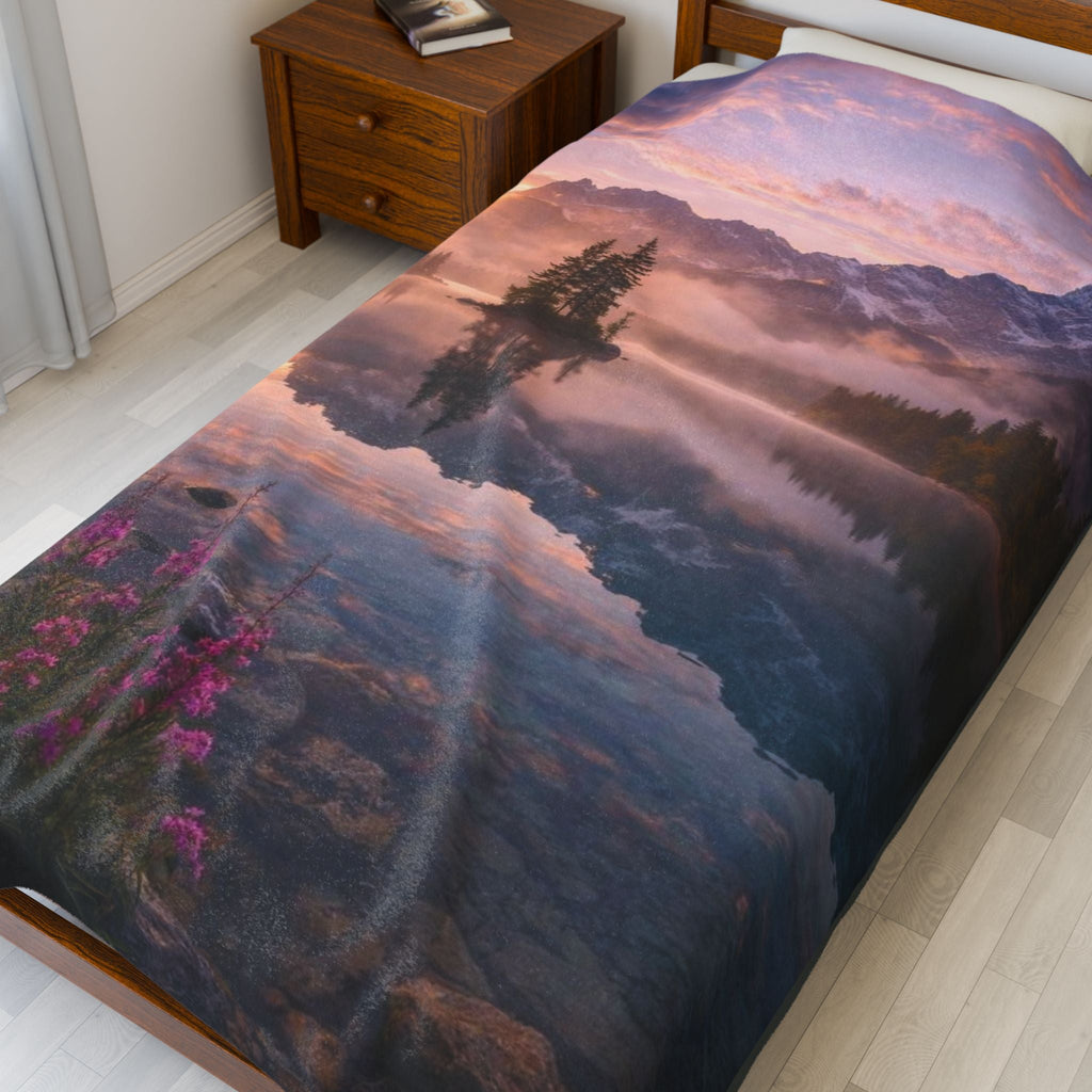 Mountain Lake Sunset Velveteen Plush Blanket — Cozy Nature Scenery Throw