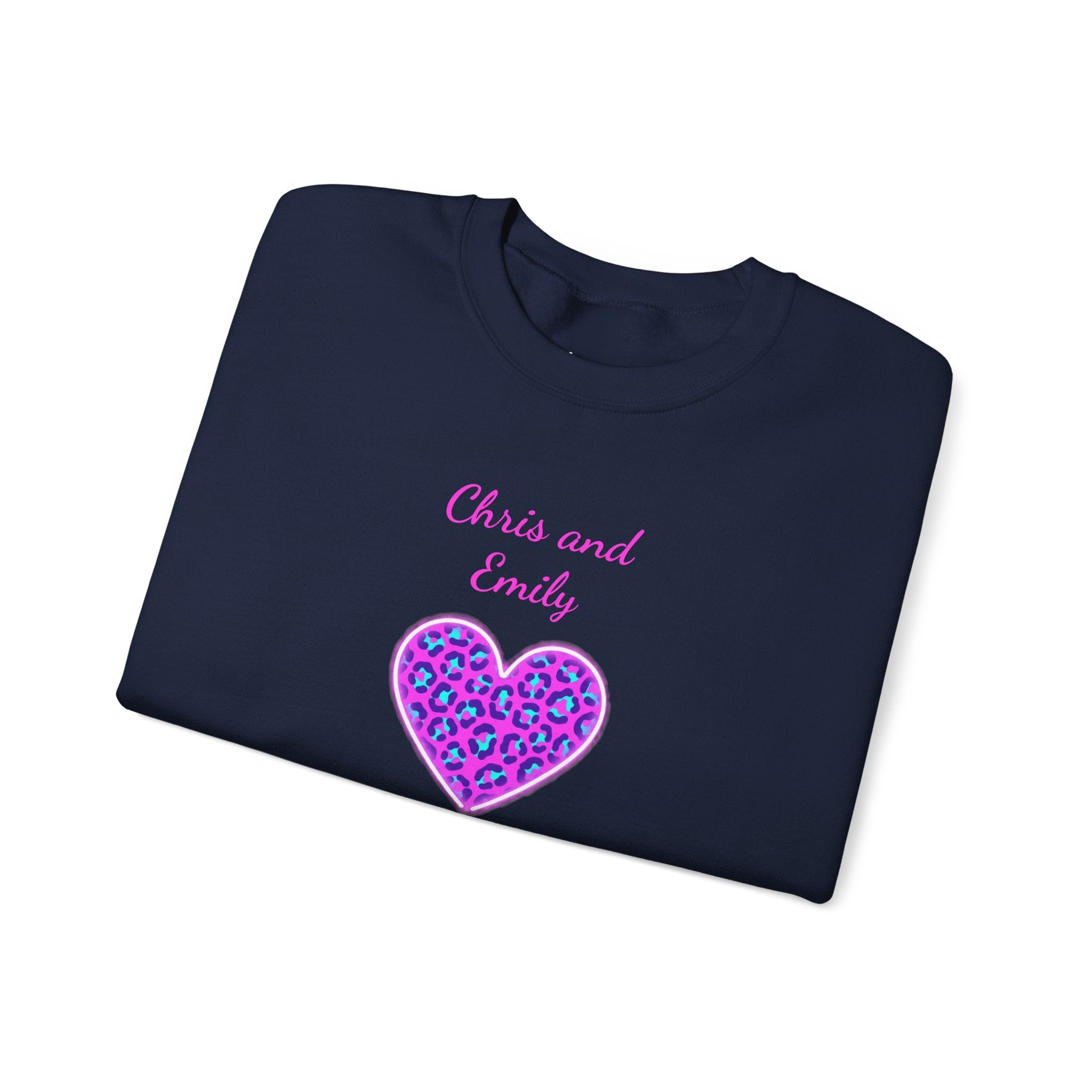 Crewneck Sweatshirt - Personalized Pink & Purple Leopard Heart - Two Customizable Text Boxes
