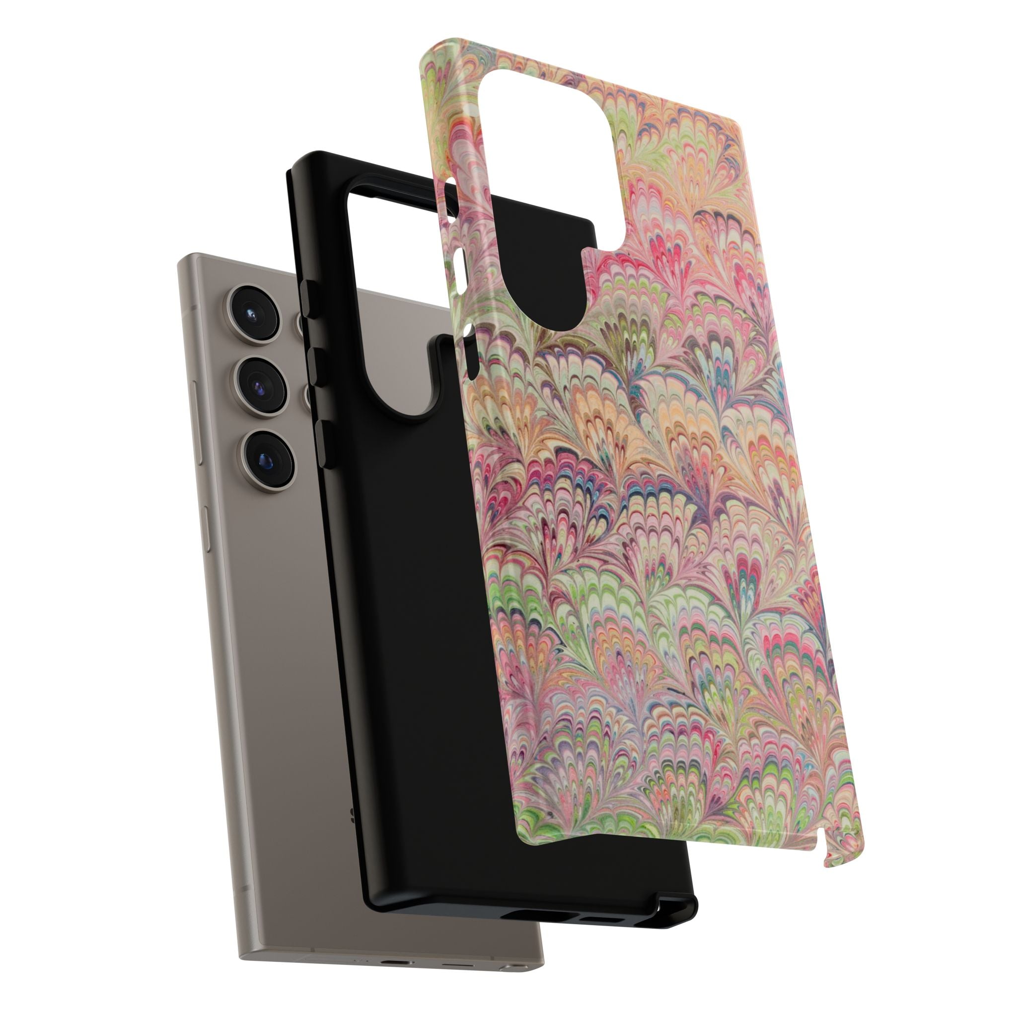 Pastel Pink + Green Feather Marbled Phone Case - Dual Layer Phone Cover