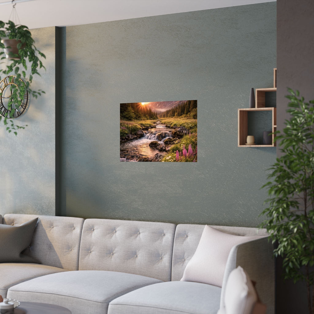 Satin Poster – Golden Mountain Stream Landscape Sunset Print
