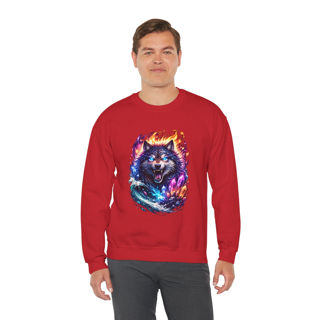 Cosmic Wolf Crewneck Sweatshirt — Neon Fire & Ice Wolf Graphic