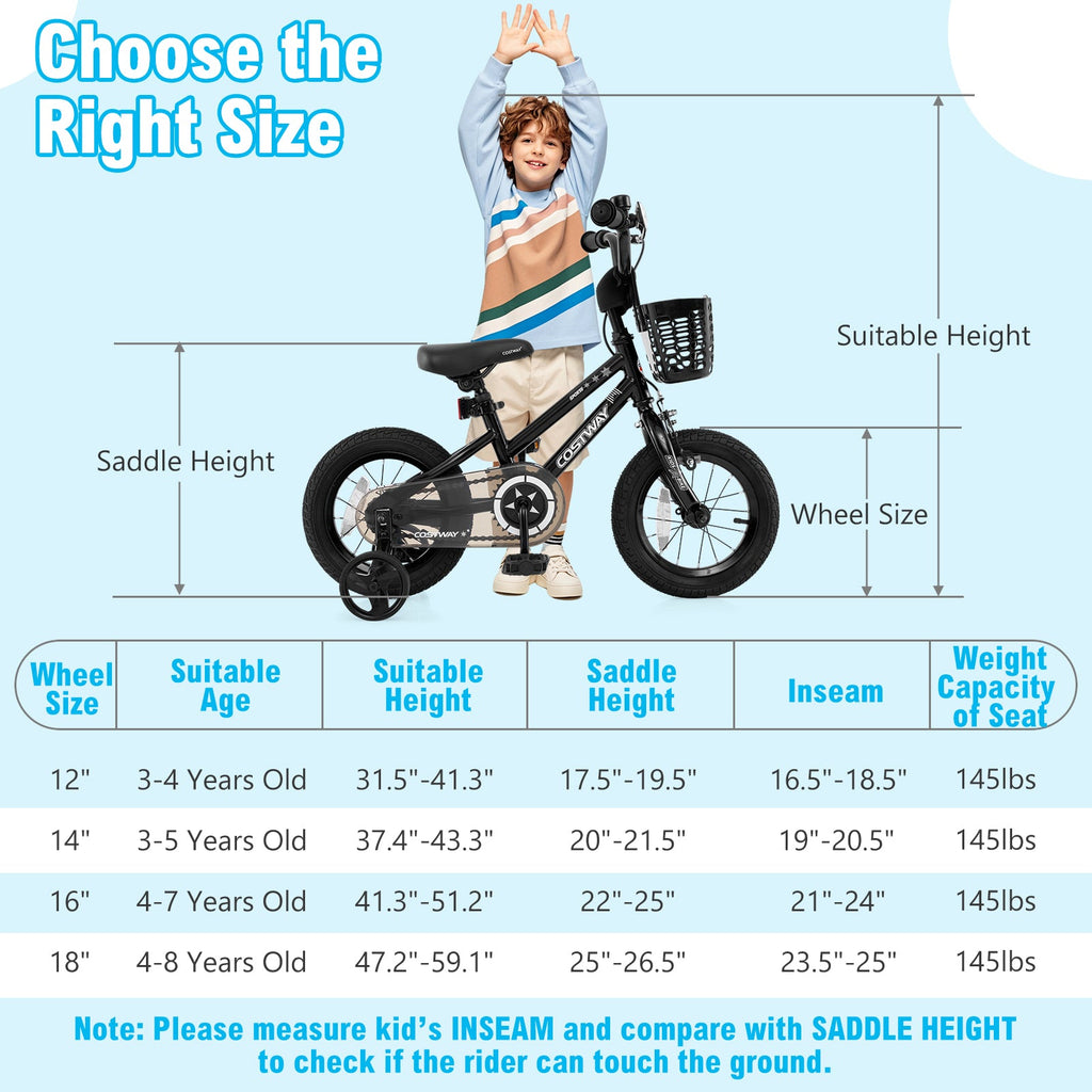 14 Inch Kids Bike with Basket and Training Wheels for Children Aged 4-5 Years Old