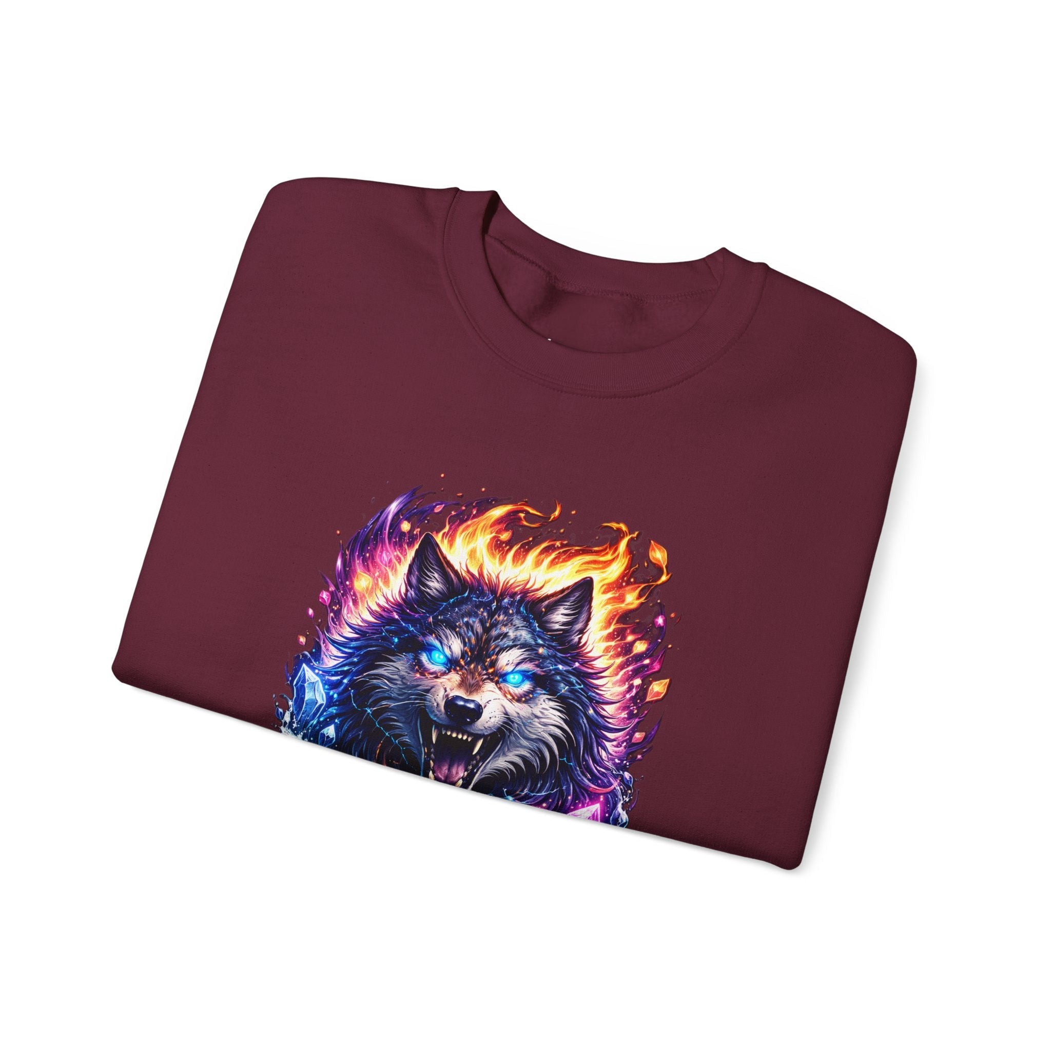 Cosmic Wolf Crewneck Sweatshirt — Neon Fire & Ice Wolf Graphic