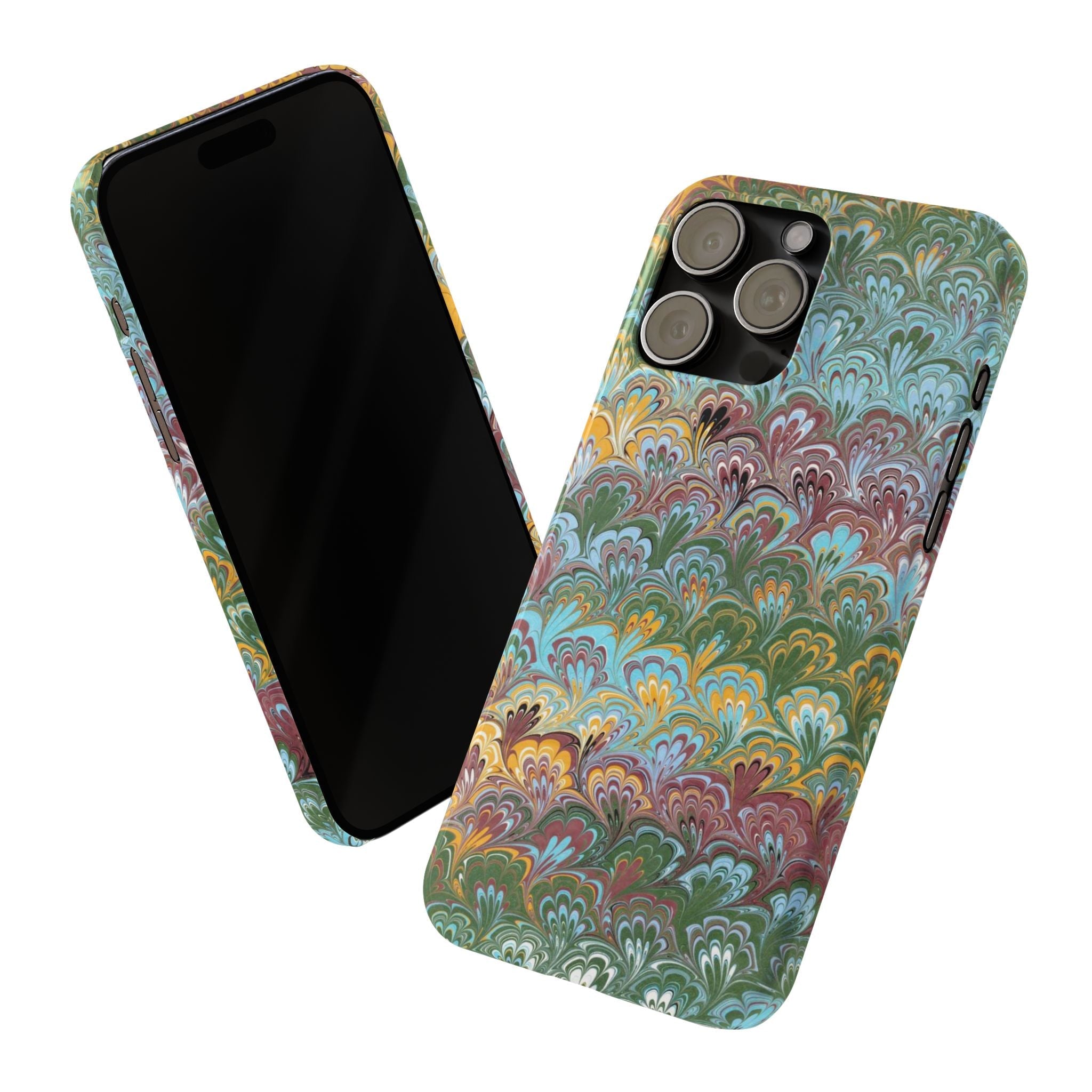 Phone Case with Design from Italy - Marbled "Peacock" Design, Green, Blue, Multi-Color Slim Phone Cases