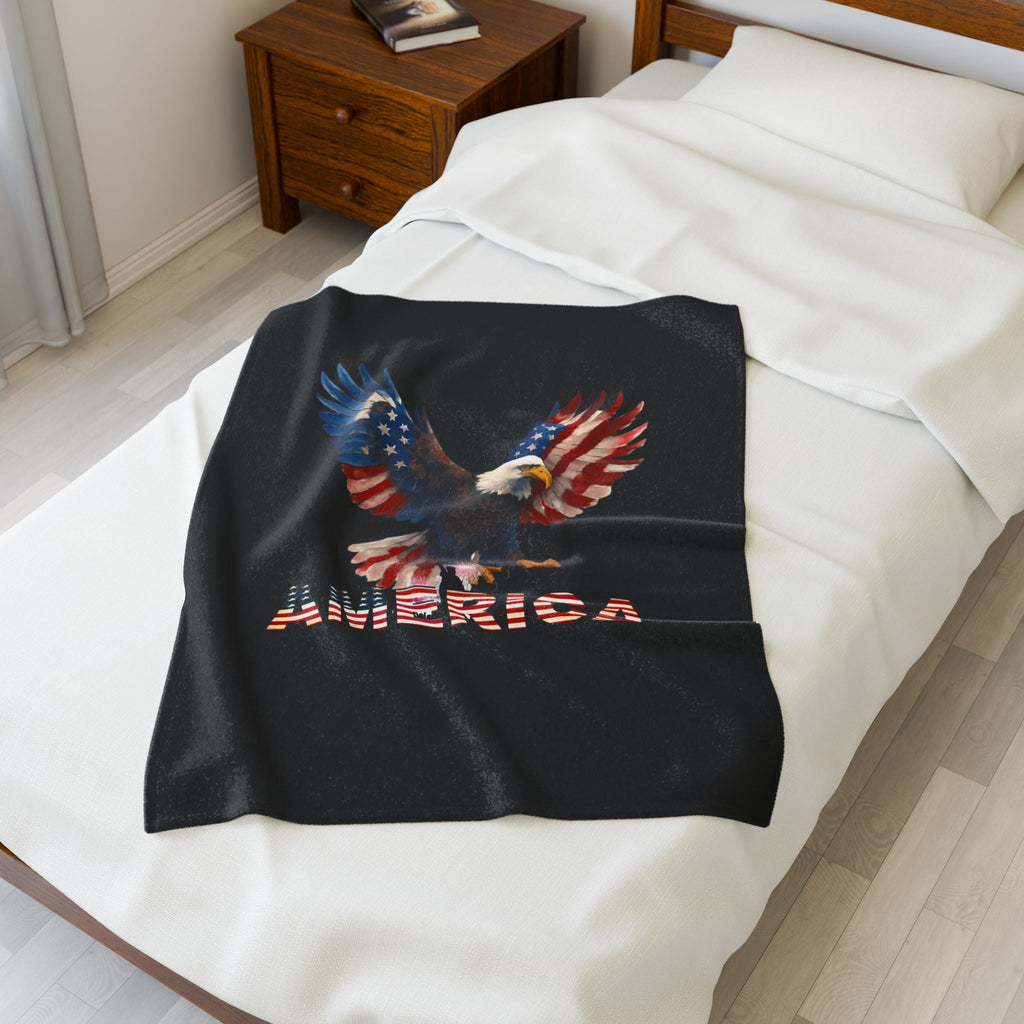 American Flag Eagle Velveteen Plush Blanket — Patriotic USA Throw for 4th of July & Veterans