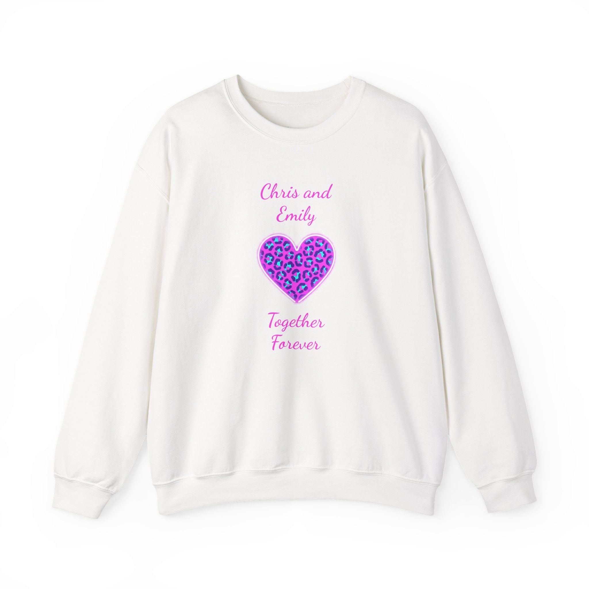 Crewneck Sweatshirt - Personalized Pink & Purple Leopard Heart - Two Customizable Text Boxes