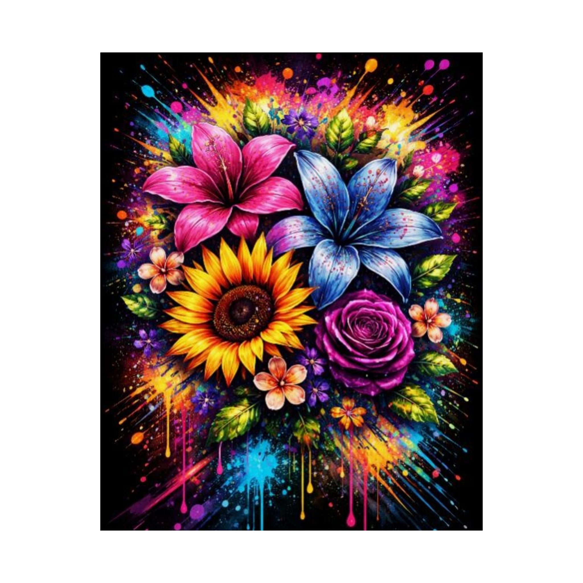 Vibrant Floral Splash Matte Poster — Colorful Sunflower, Lily & Rose Wall Art