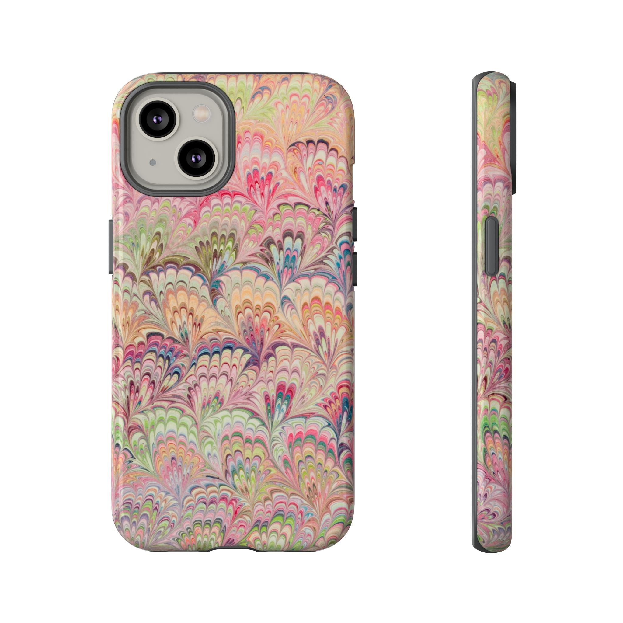 Pastel Pink + Green Feather Marbled Phone Case - Dual Layer Phone Cover