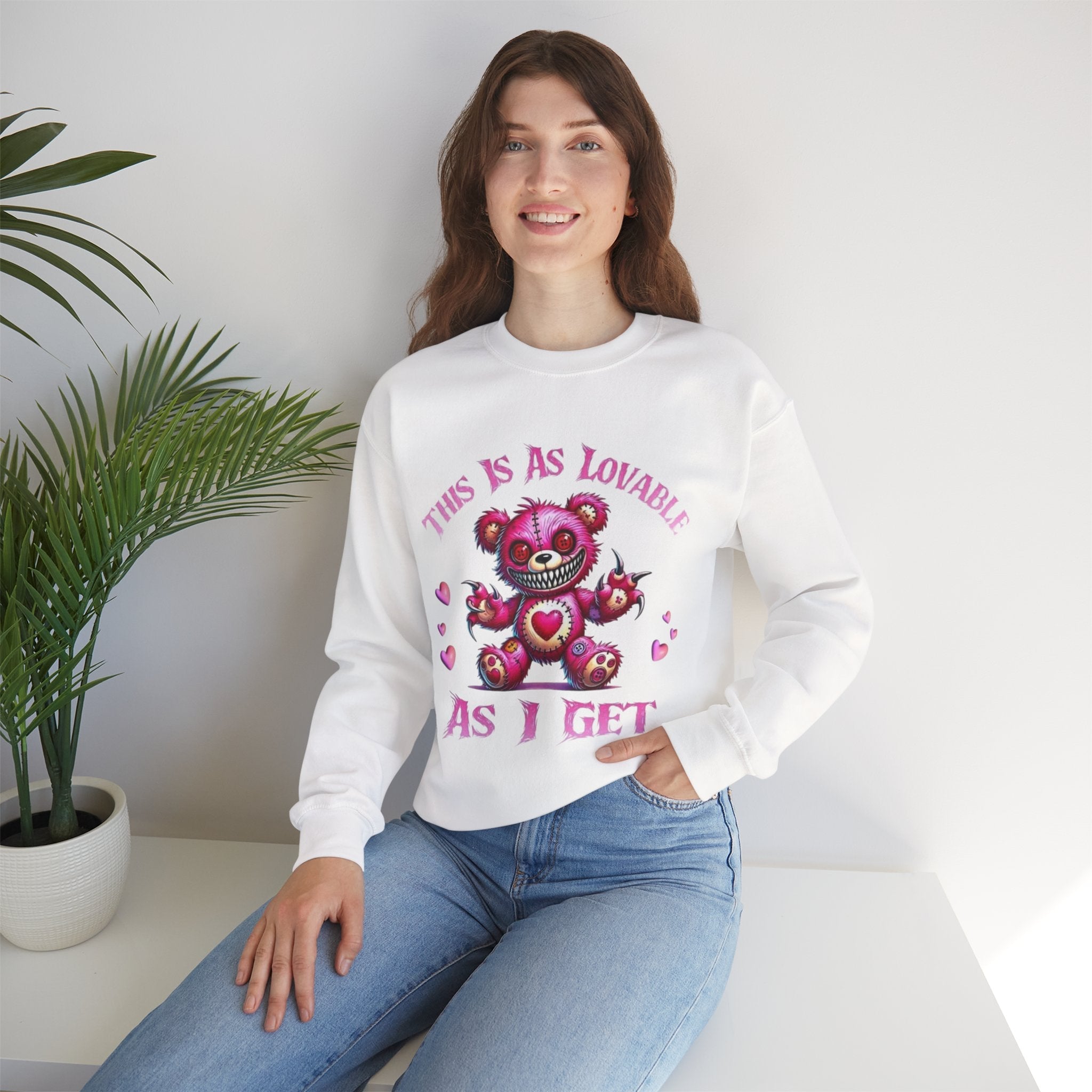 Crewneck Sweatshirt — 'This Is As Lovable As I Get' Pink Heart Teddy Graphic