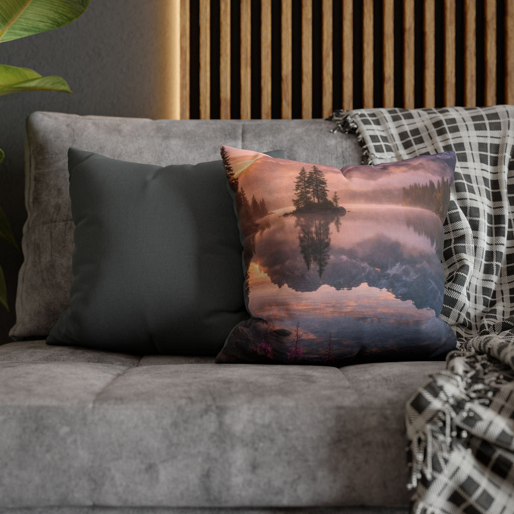 Scenic Lake Reflection Square Pillow — Mountain Sunrise Decorative Pillowcase