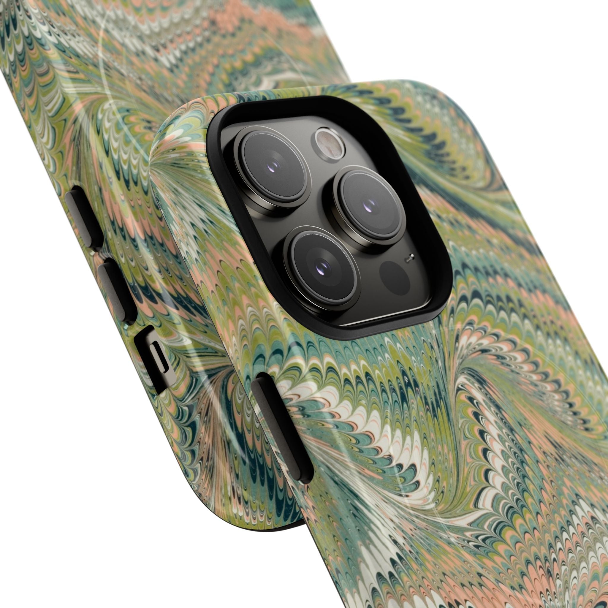 Florentine Marble iPhone Case | Inspired by Florence | Italian Marbled Paper Technique | Artisanal Green Swirl | Dual-Layer Protective Case | Matte or Glossy