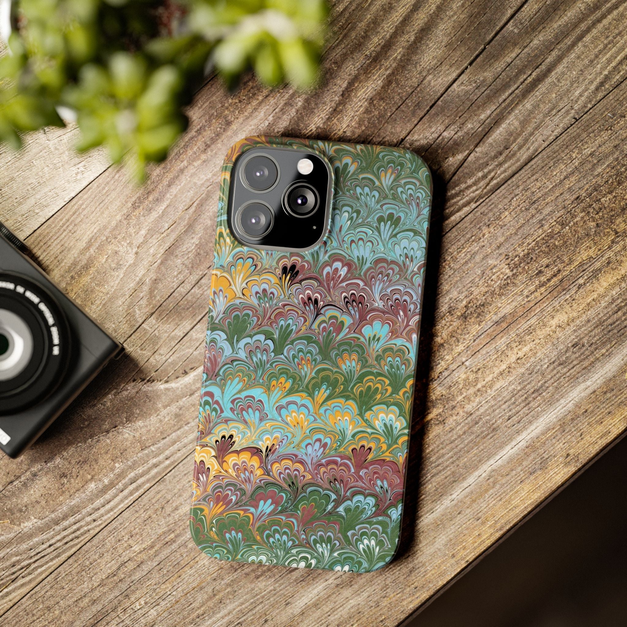 Phone Case with Design from Italy - Marbled "Peacock" Design, Green, Blue, Multi-Color Slim Phone Cases