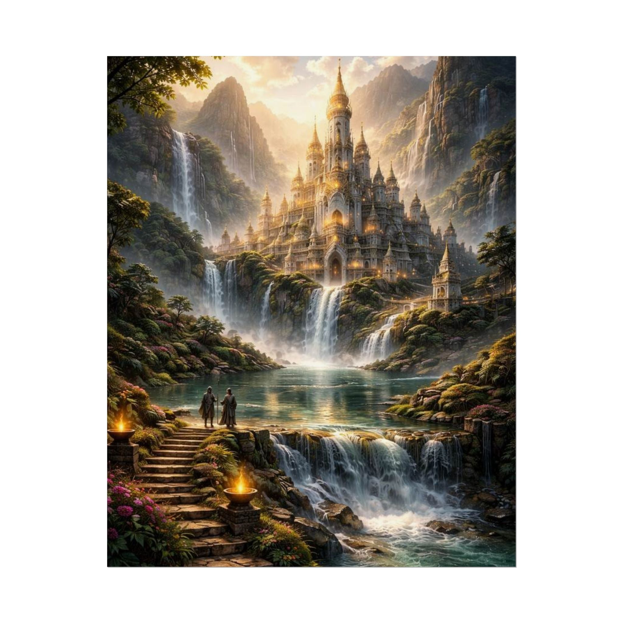 Fantasy Castle Rolled Poster — Enchanted Waterfall Landscape Wall Art