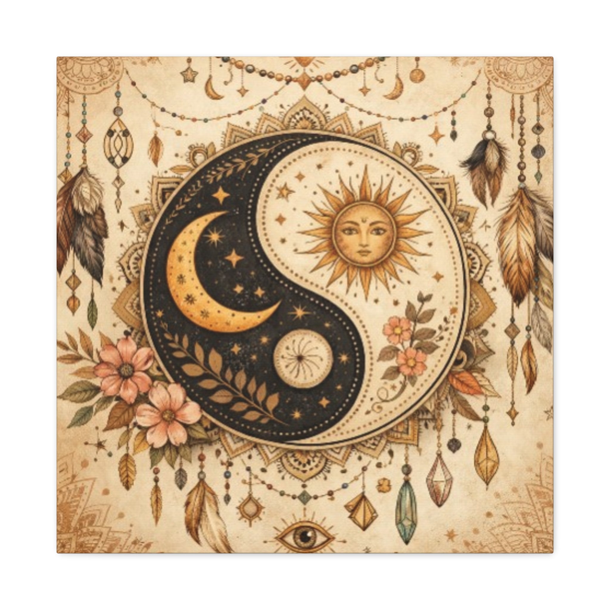 Sun & Moon Yin Yang Canvas Art — Boho Celestial Wall Decor, Matte Stretched 1.25"