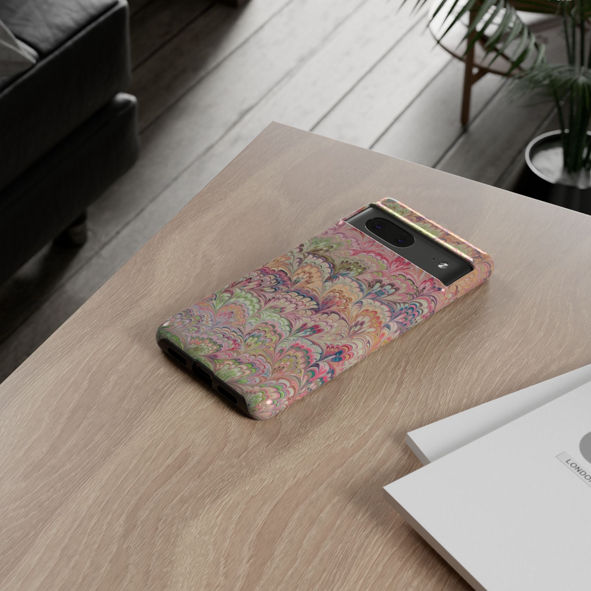 Pastel Pink + Green Feather Marbled Phone Case - Dual Layer Phone Cover