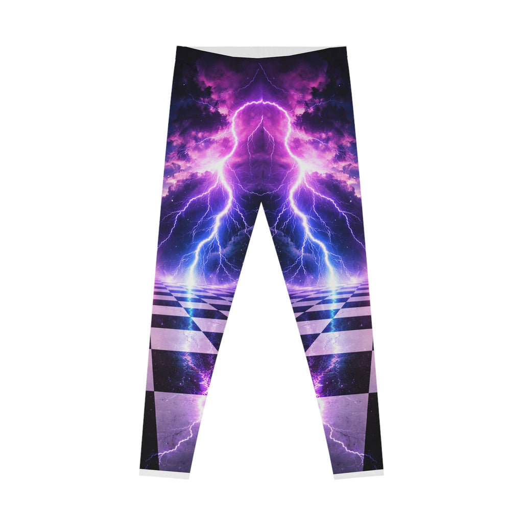 Electric Purple Lightning Leggings — Retro Checkerboard AOP Yoga Leggings