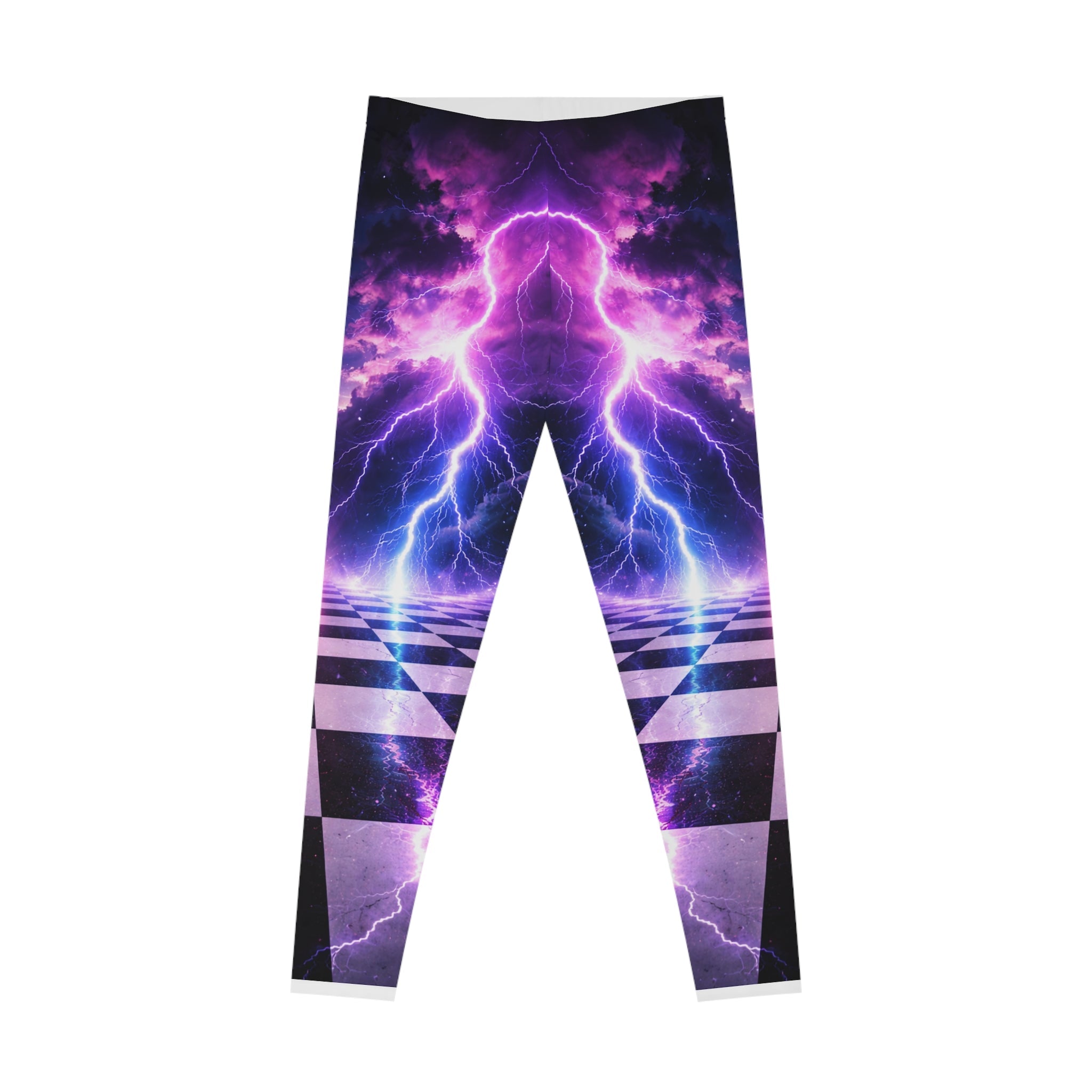 Electric Purple Lightning Leggings — Retro Checkerboard AOP Yoga Leggings