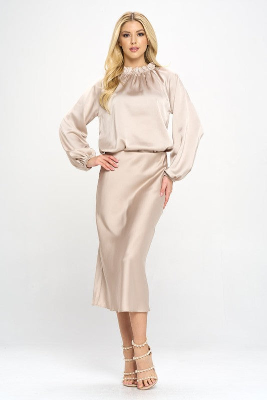 PLUS Renee C. Solid Satin Ruffle Mock Neck Top in Taupe