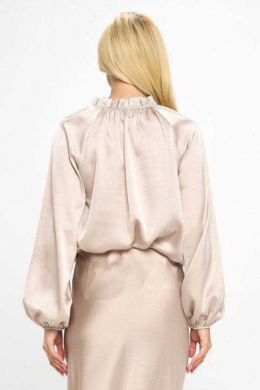 PLUS Renee C. Solid Satin Ruffle Mock Neck Top in Taupe