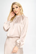 PLUS Renee C. Solid Satin Ruffle Mock Neck Top in Taupe