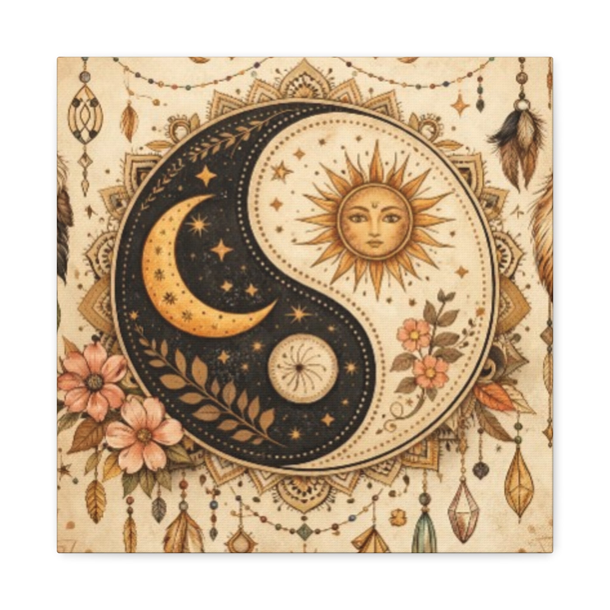Sun & Moon Yin Yang Canvas Art — Boho Celestial Wall Decor, Matte Stretched 1.25"