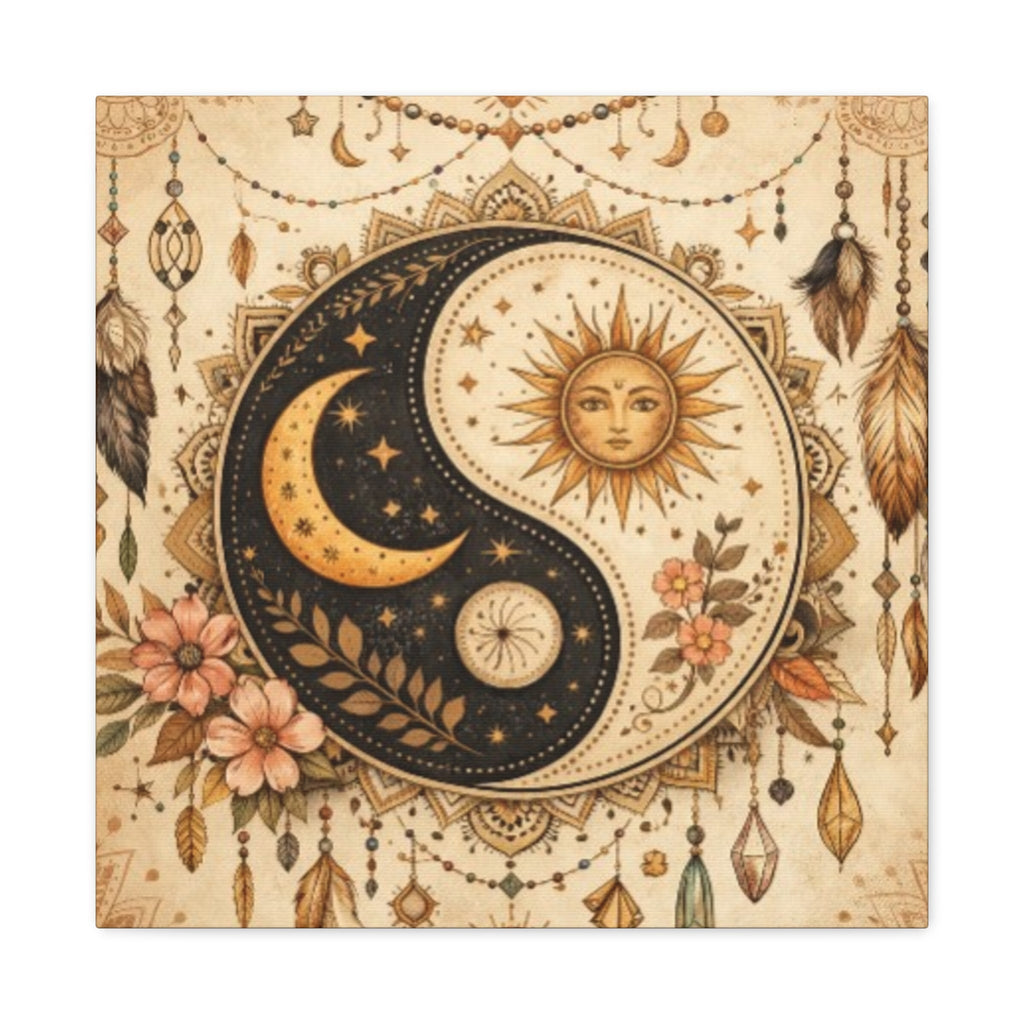 Sun & Moon Yin Yang Canvas Art — Boho Celestial Wall Decor, Matte Stretched 1.25"