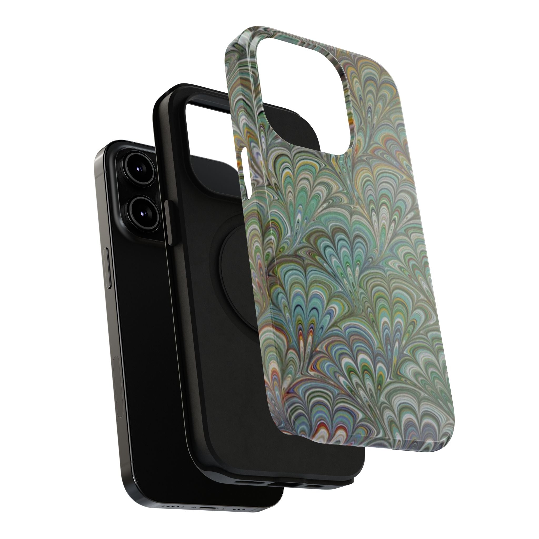 iPhone17 + All Models Phone Cases, Italian Peacock Feather Design, Stylish Impact-Resistant Shell, Protective Cover, Green Peacock Print